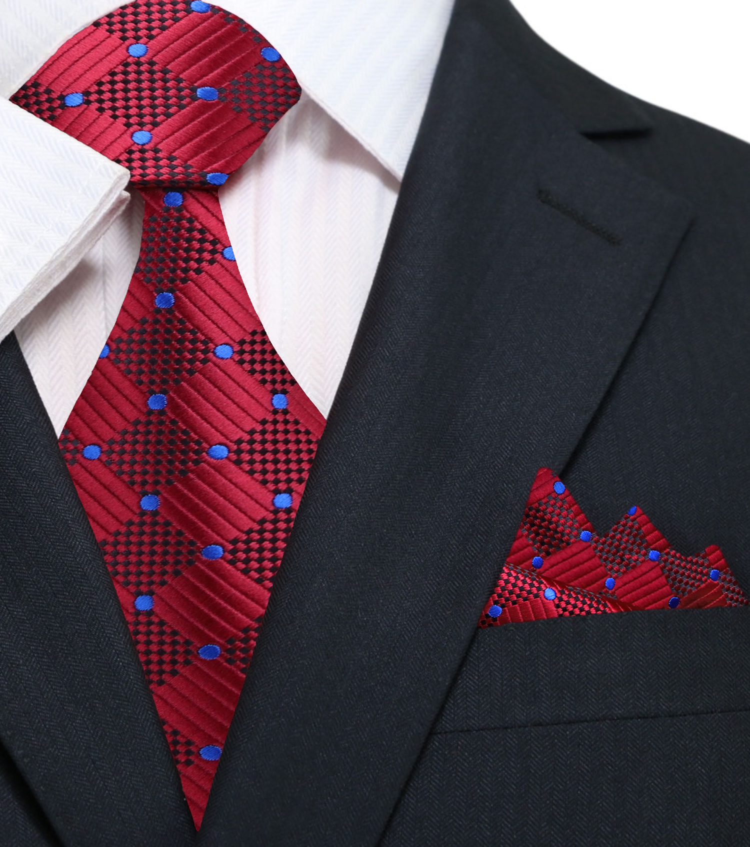 A Burgundy Geometric Pattern With Small Dark Blue Dots Silk Necktie With Matching Pocket Square