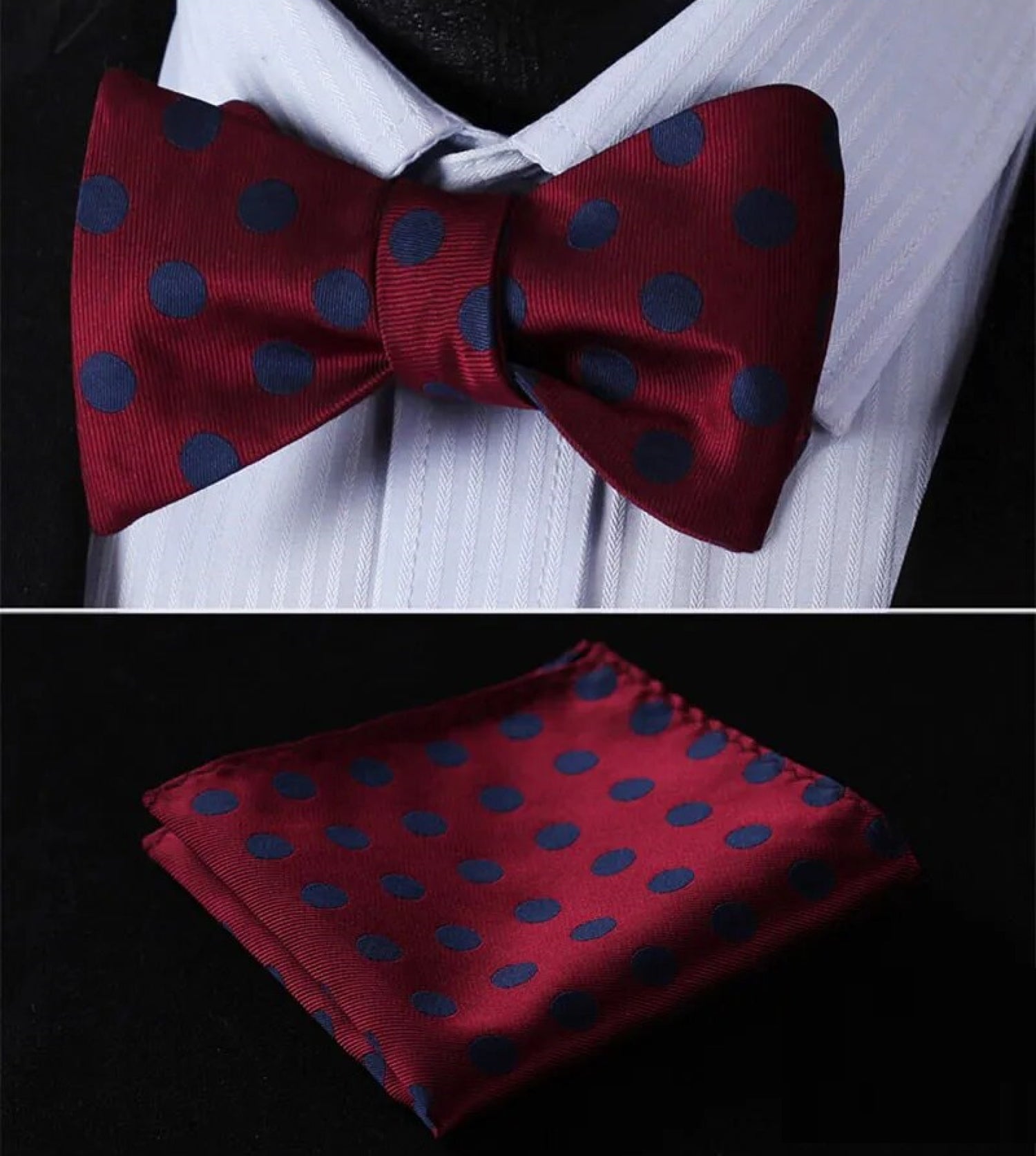 Main View: A Burgundy, Blue Polka Pattern Silk Self Tie Bow Tie Bow Tie, Matching Pocket Square