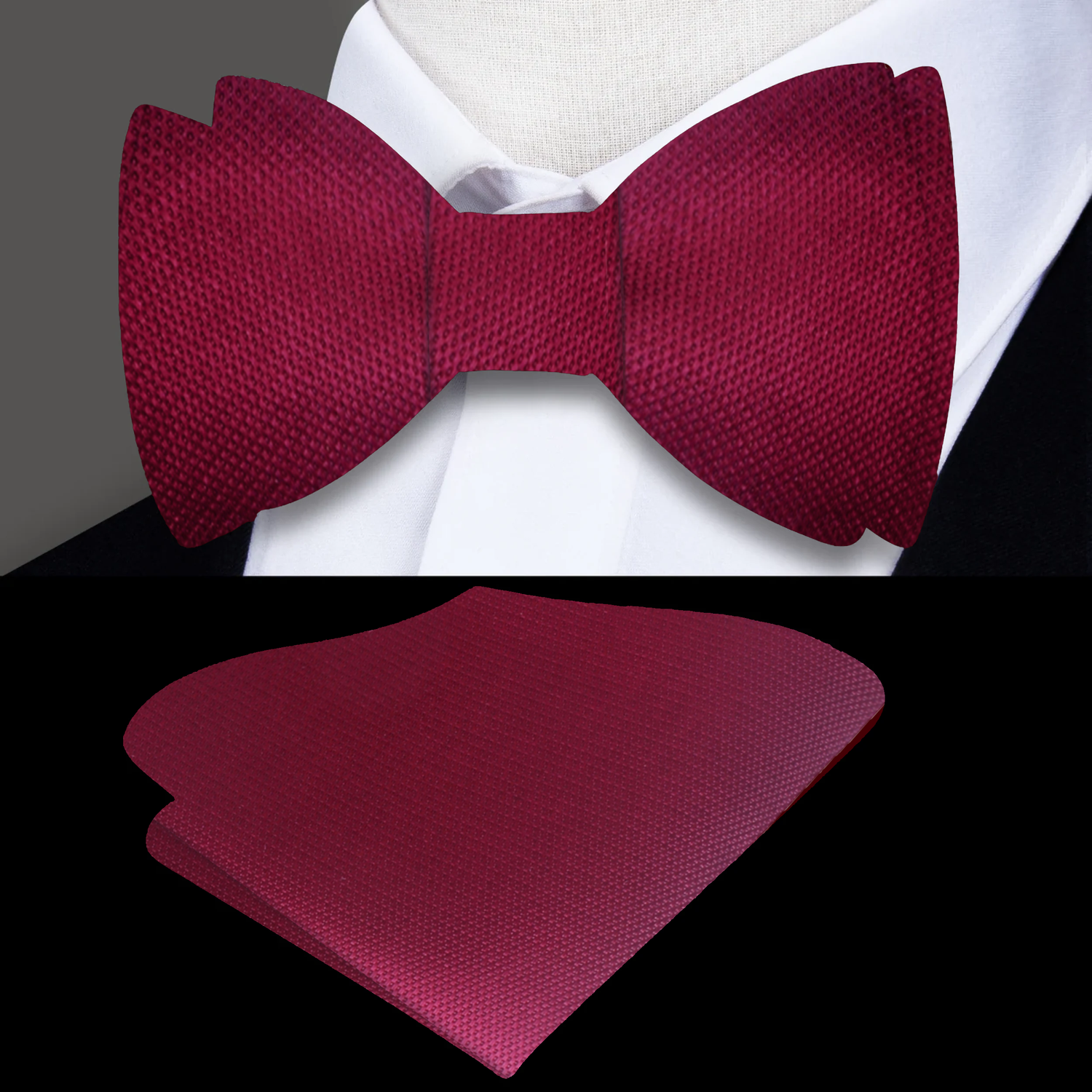 Main: A Solid Burgundy With Small Check Texture Pattern Silk Self Tie Bow Tie With Matching Pocket Square