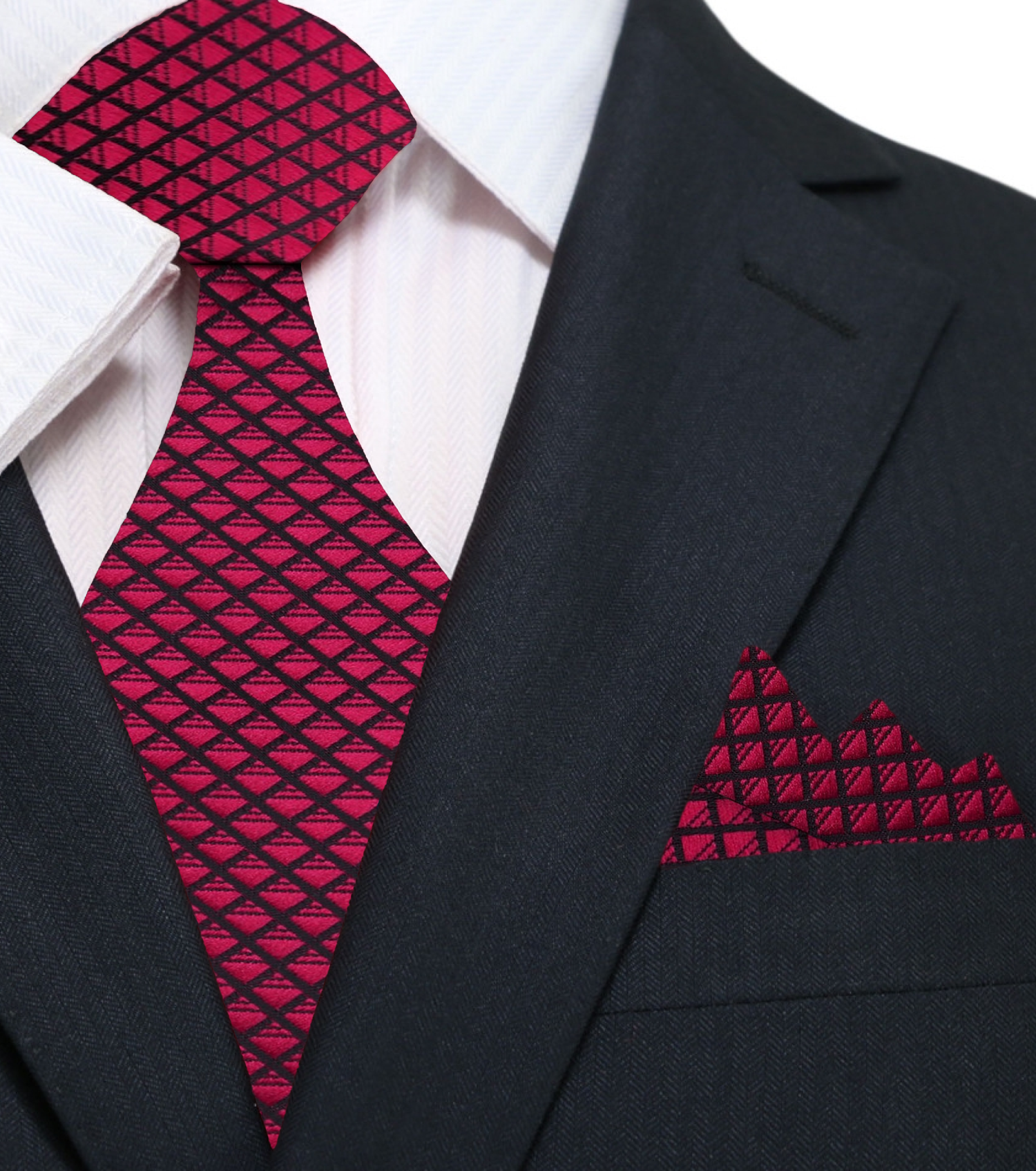 A Burgundy, Black Small Check Pattern Silk Necktie, Matching Pocket Square