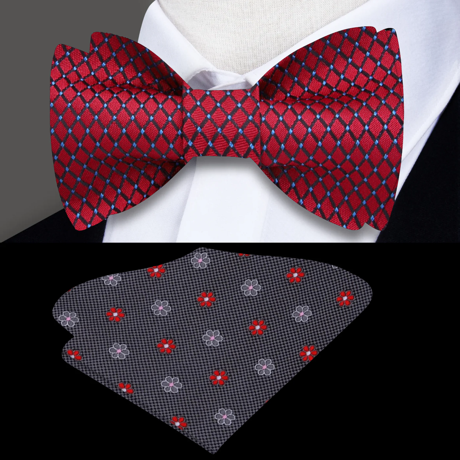 A Burgundy Small Geometric Diamond With Small Dots Pattern Silk Self Tie Bow Tie With Accenting Grey Floral Pocket Square