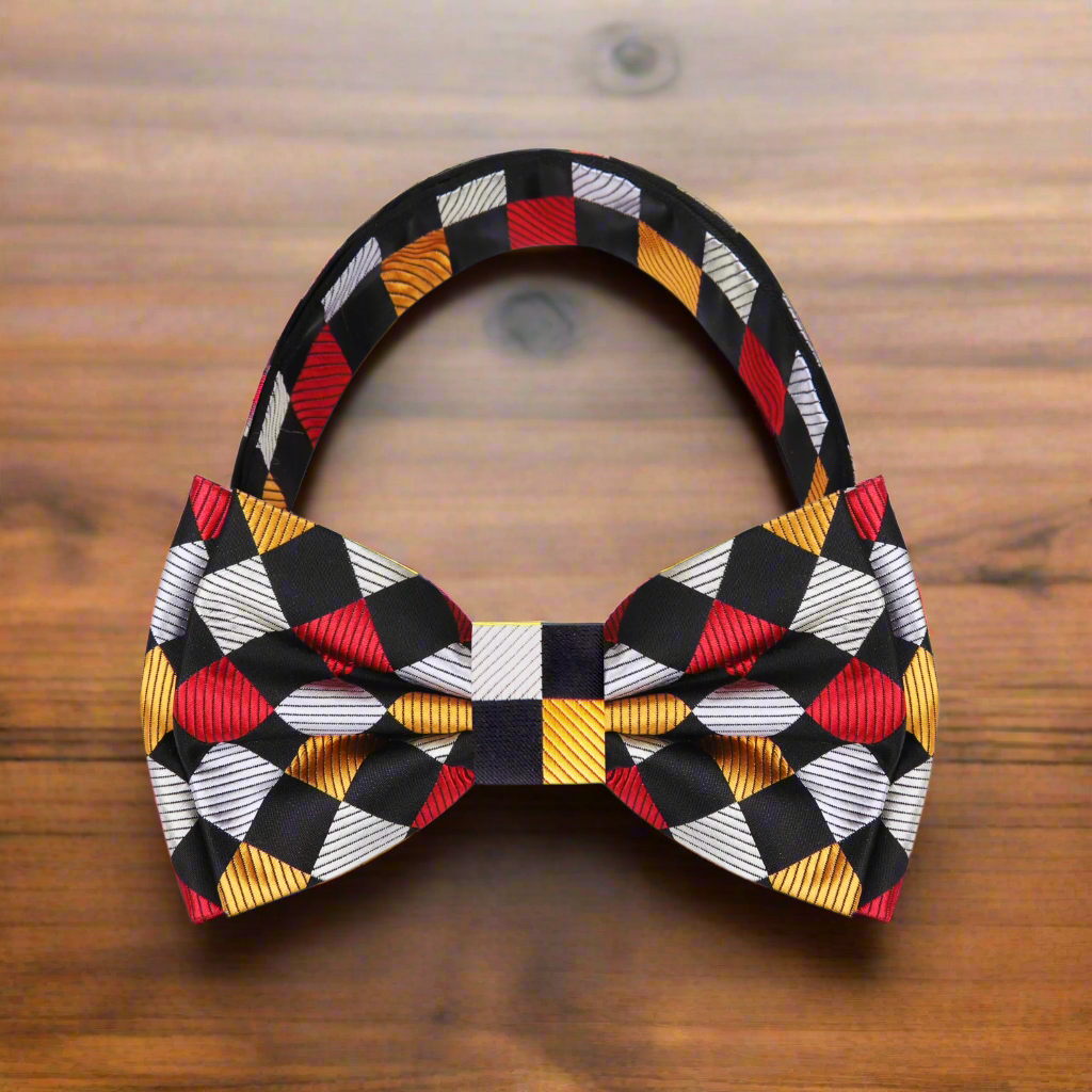 Gold, Red, Black Geometric Bow Tie Pre Tied