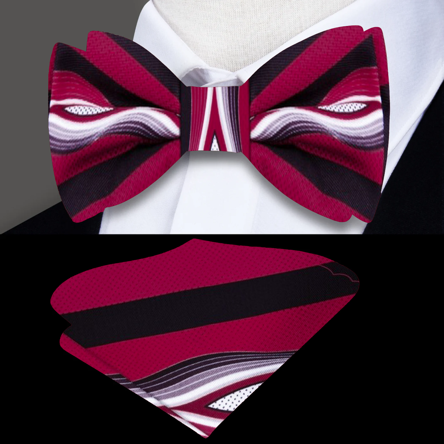 Main: A Dark Red, Black and Grey Wavy Abstract Bow Tie, Pocket Square||Red
