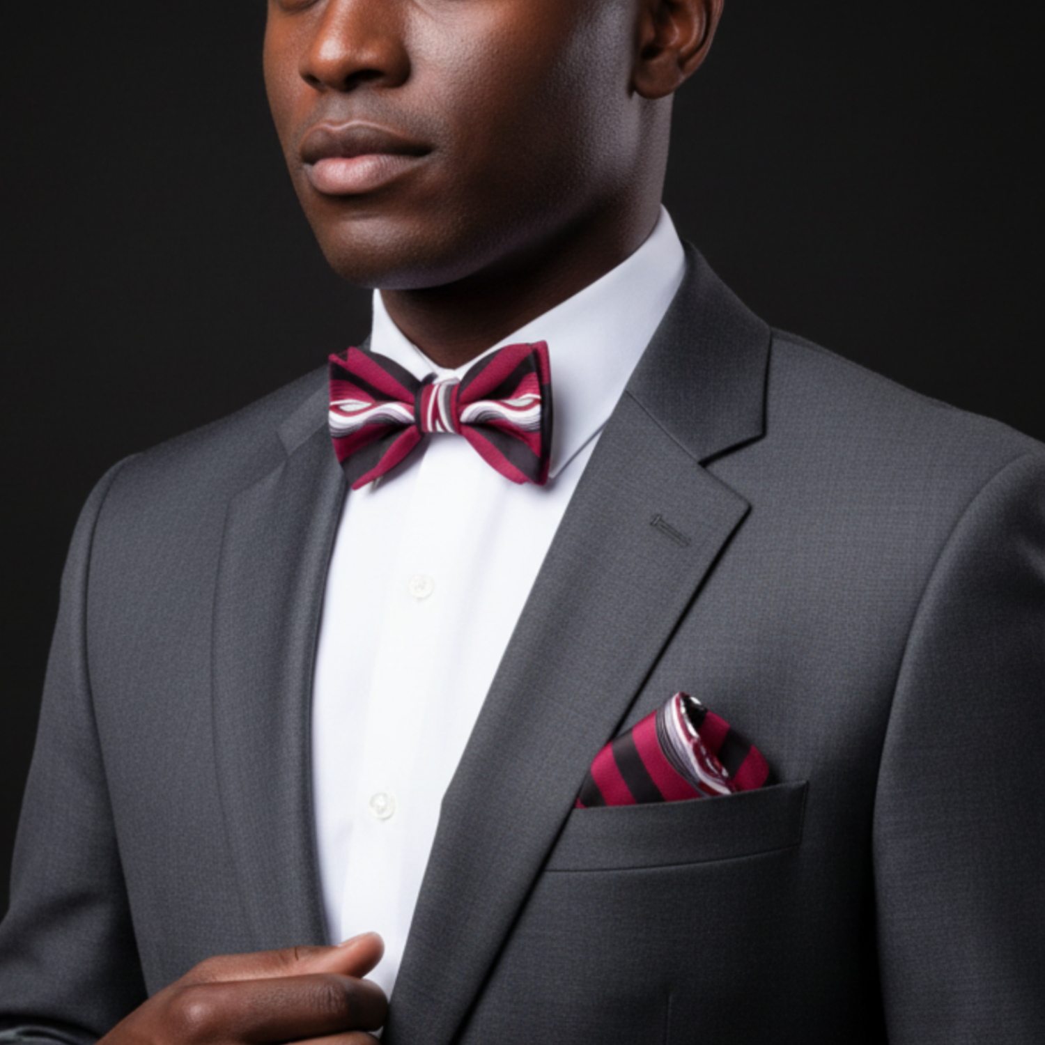 Man wearing a gray suit with a red and white bow tie and pocket square on a black background