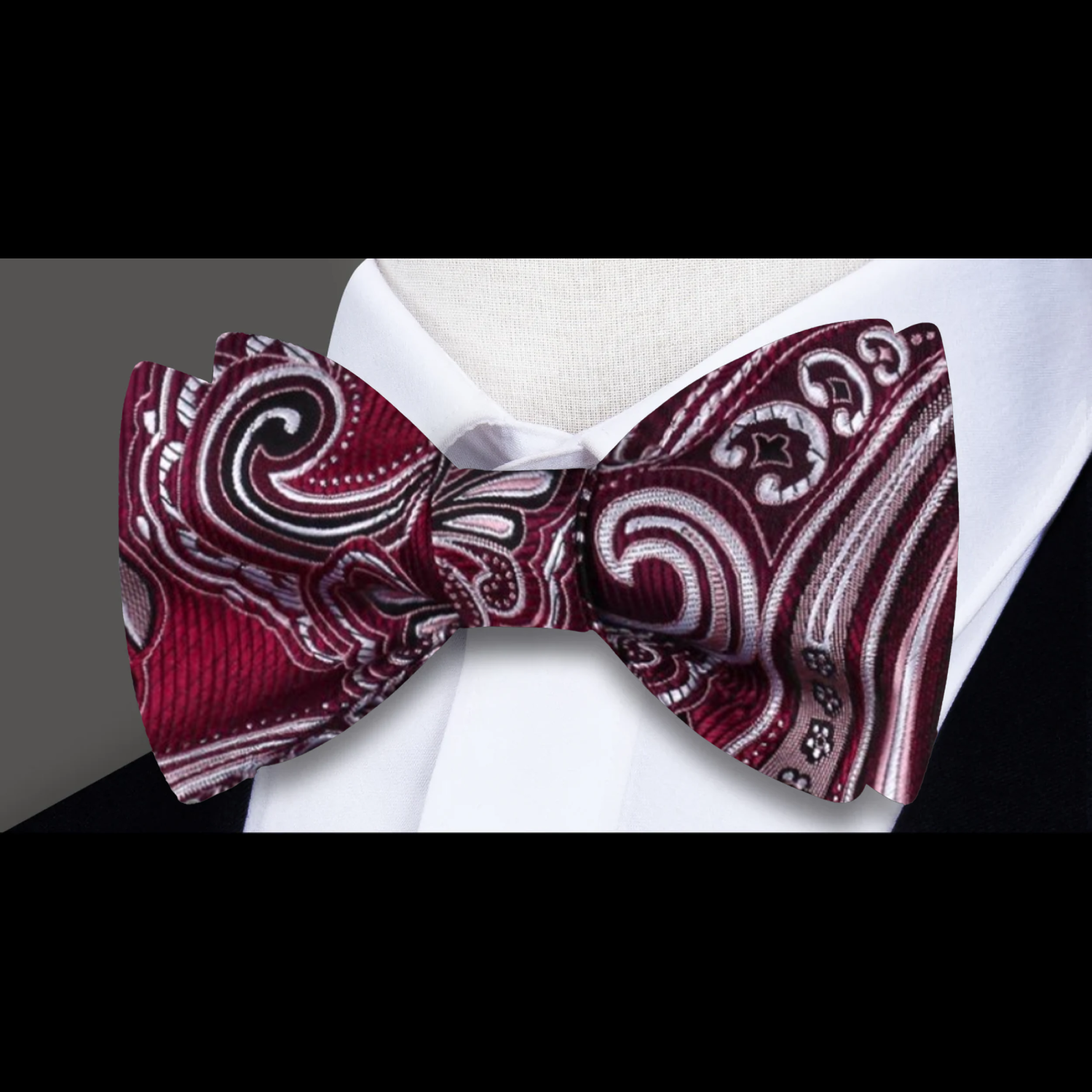 A Dark Burgundy, Black, White Paisley Pattern Silk Self Tie Bow Tie 