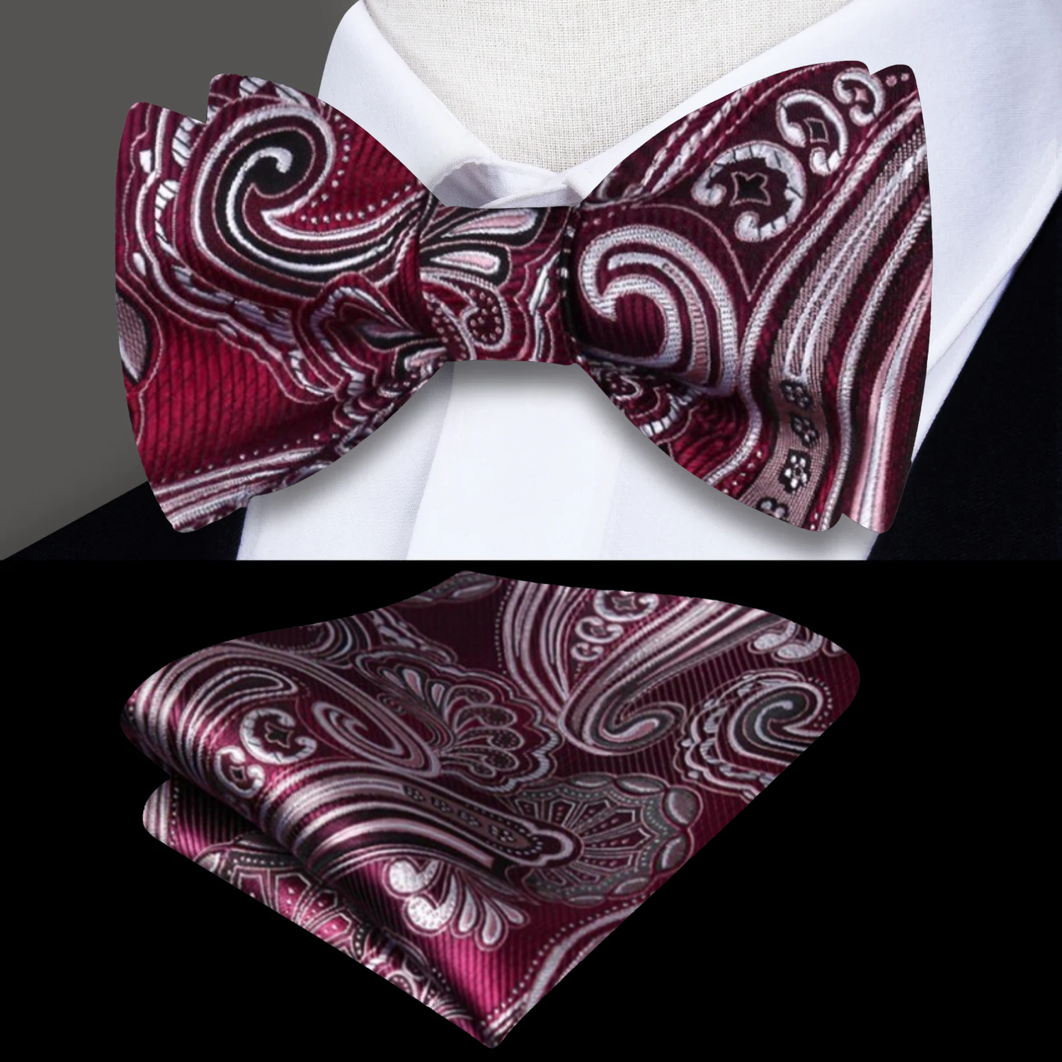 A Dark Burgundy, Black, White Paisley Pattern Silk Self Tie Bow Tie, Matching Silk Pocket Square