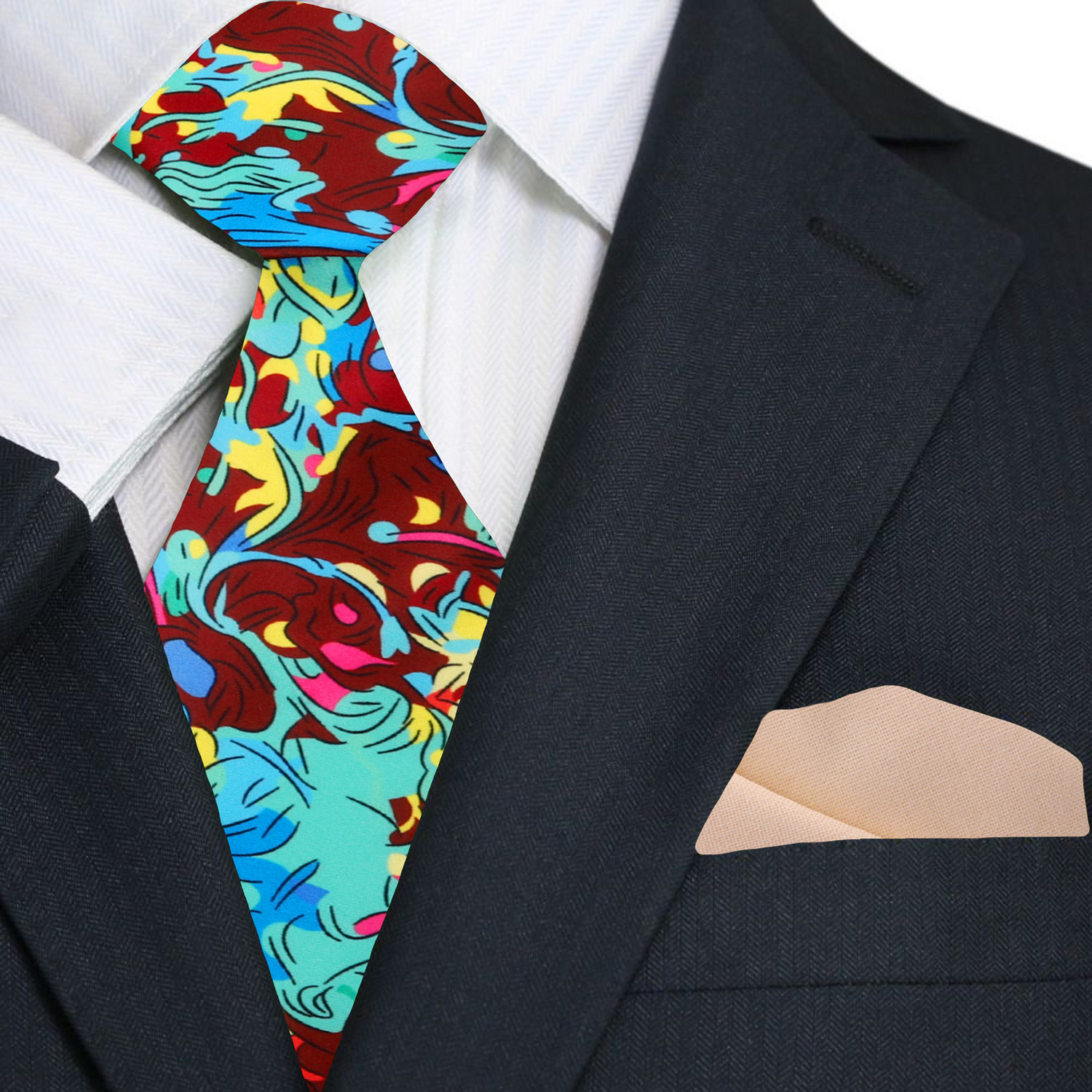 Colorful red, blue, green and blue tie with abstract design with abstract design on a suit jacket