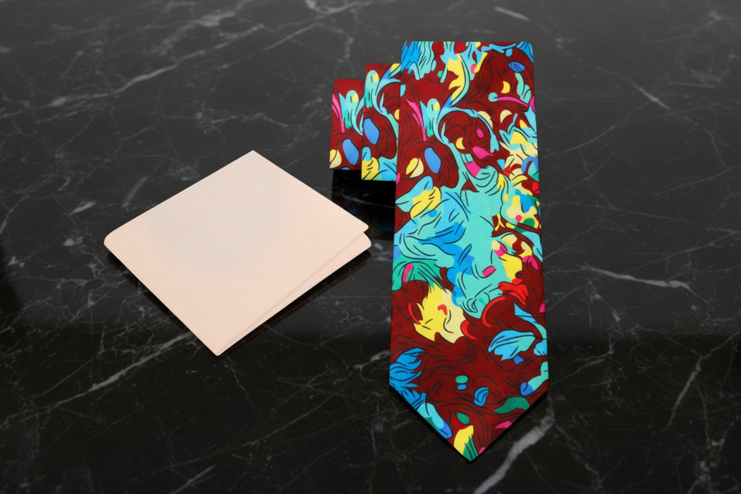 Colorful tie with abstract design next to a plain beige square on a marble surface