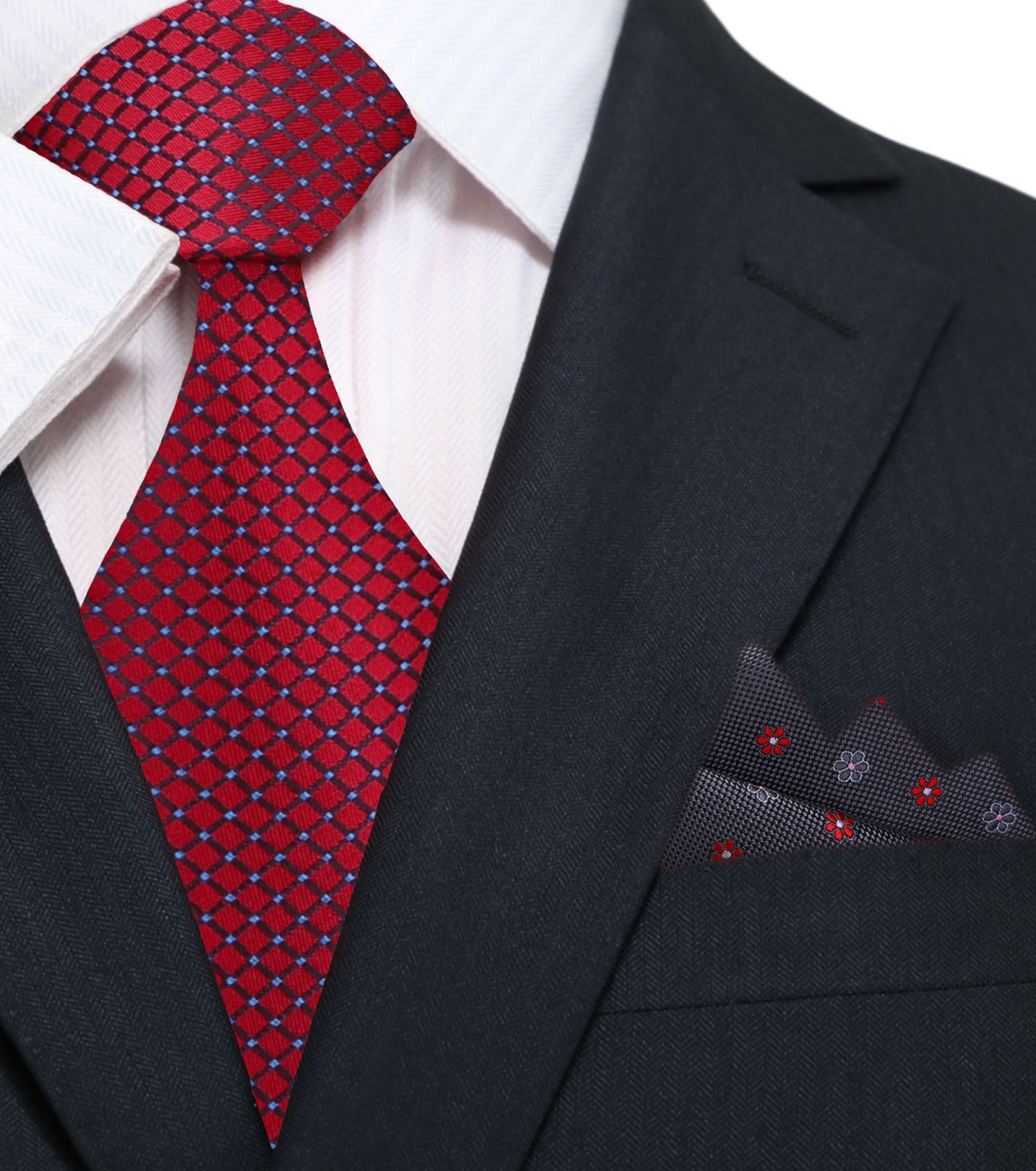 Main: A Burgundy Small Geometric Diamond With Small Dots Pattern Silk Necktie With Grey, Red Floral Pocket Square
