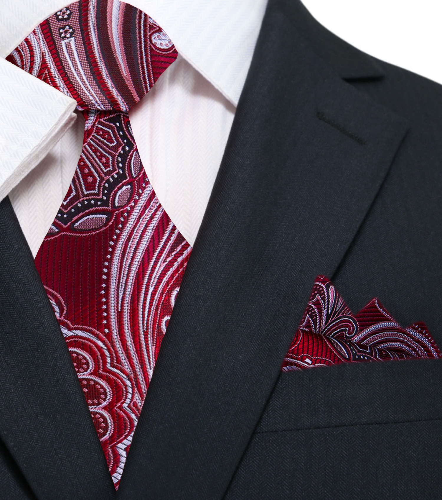 Main View: A Dark Burgundy, Black, White Paisley Pattern Silk Necktie, Matching Silk Pocket Square
