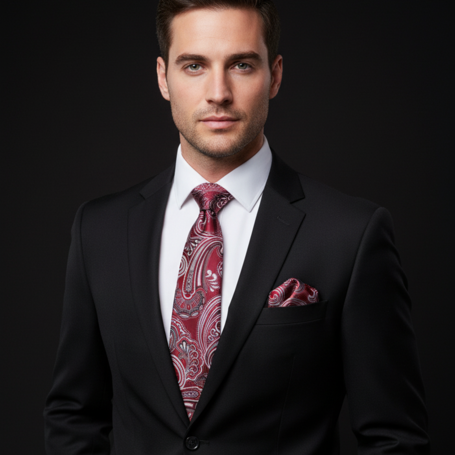 Man wearing a black suit with a red paisley tie and pocket square on a dark background