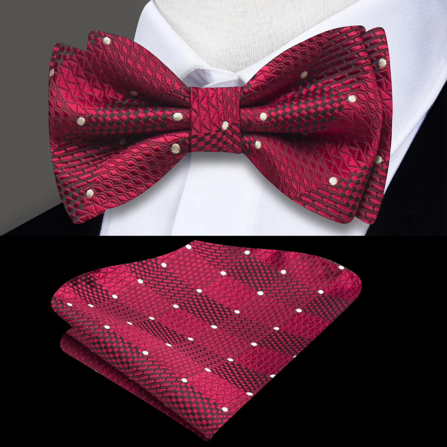 A Burgundy, White Geometric With Dot Pattern Silk Self Tie Bow Tie, Matching Pocket Square