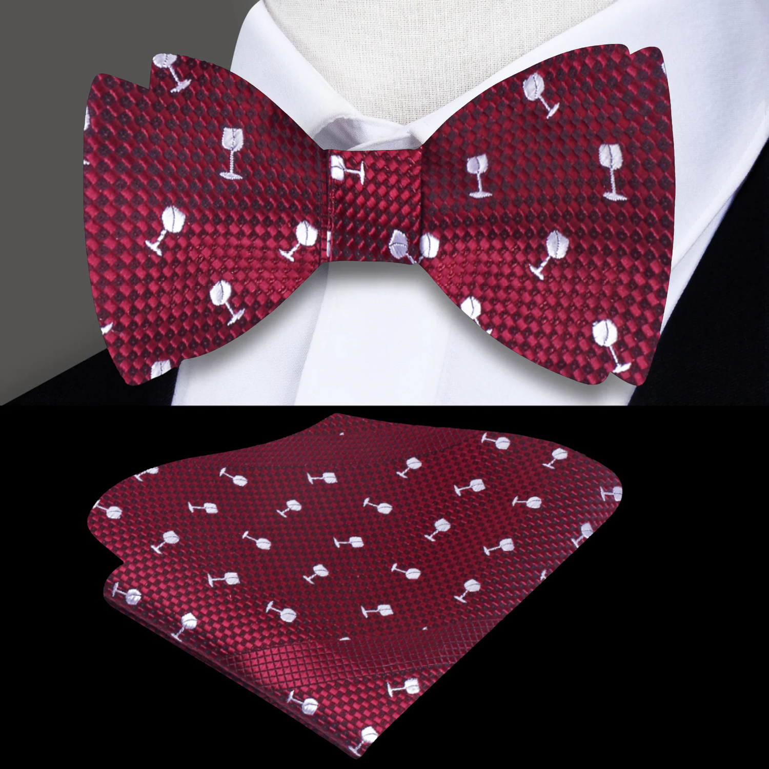 Burgundy, White Wine Glass Bow Tie and Pocket Square