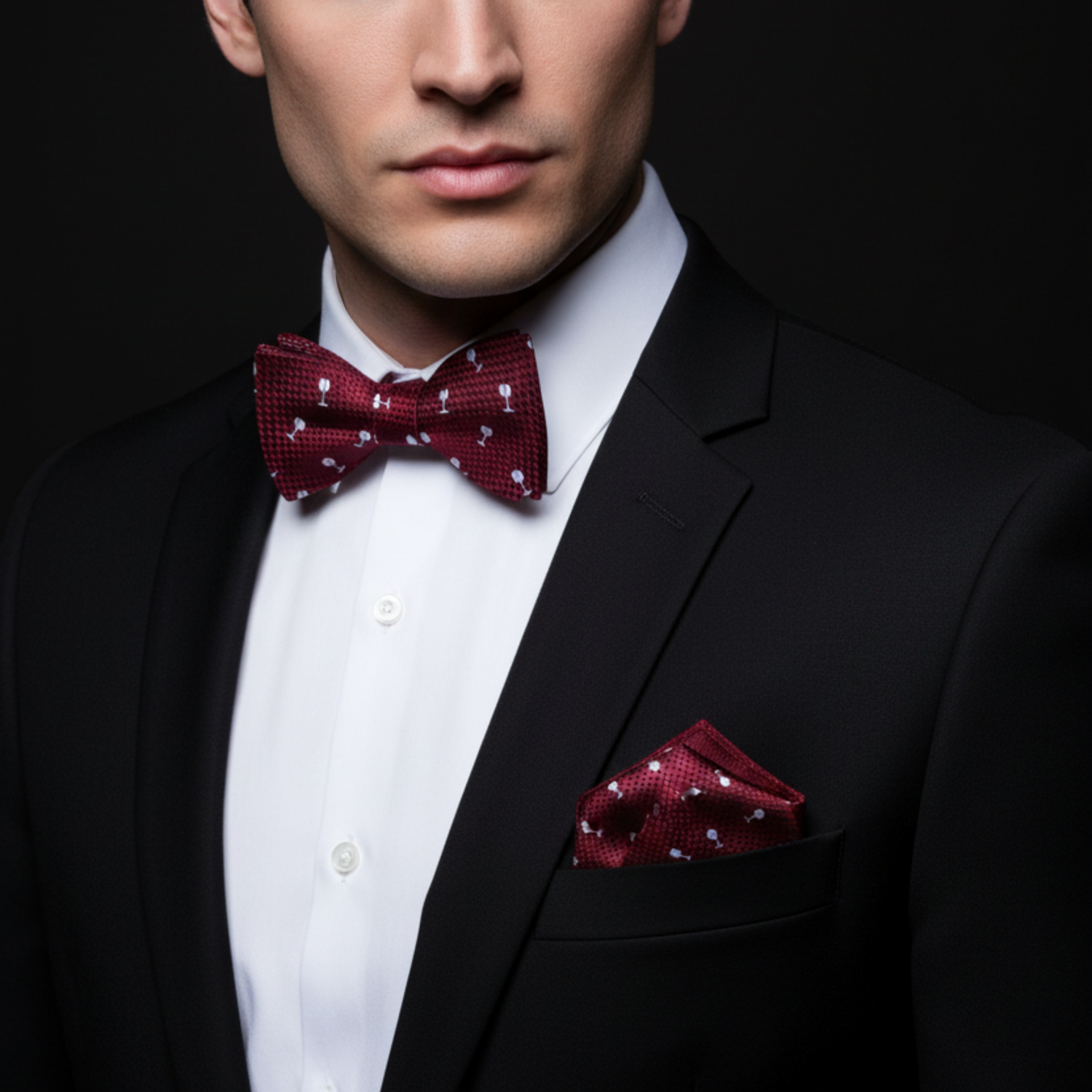 Man wearing a black suit with a red polka dot bow tie and pocket square against a dark background