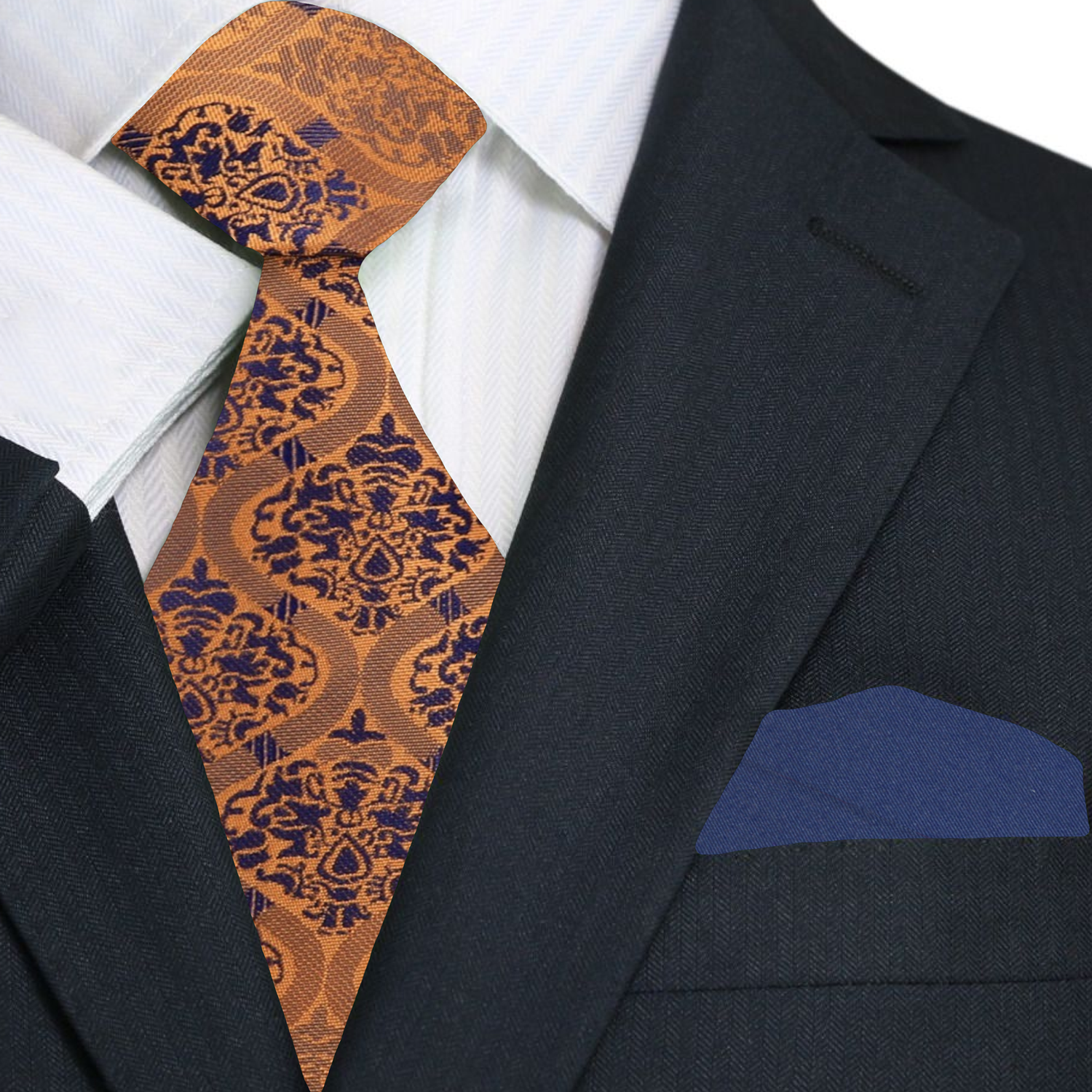 Main: A Copper Orange, Dark Blue Intricate Abstract Pattern Silk Necktie, Blue Silk Pocket Square