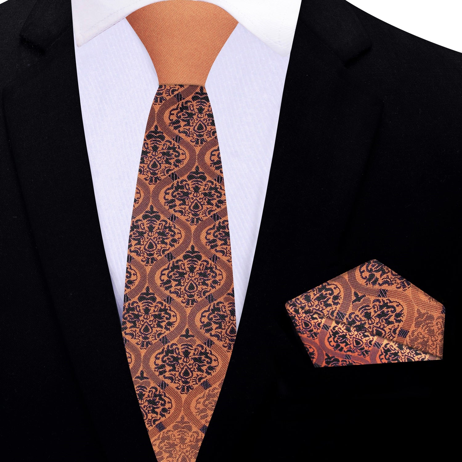 Thin Tie: A Copper Orange, Dark Blue Intricate Abstract Pattern Silk Necktie, Matching Silk Pocket Square