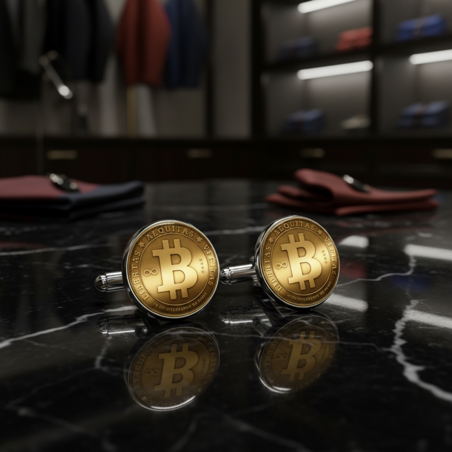 A pair of Bitcoin-themed cufflinks on a white background, showing one front view with a gold-colored Bitcoin coin design and the other side showing the silver-toned metal back and toggle.