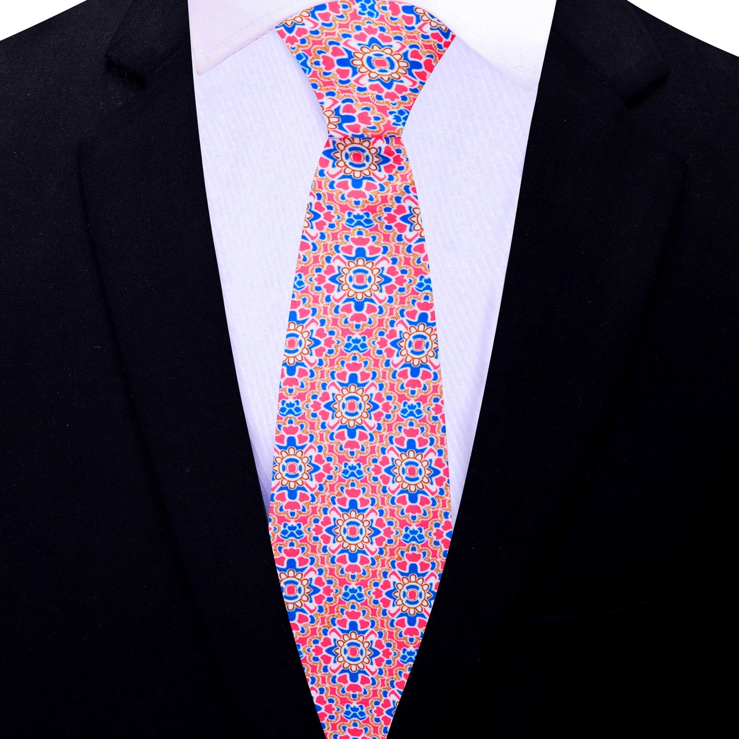 Thin Tie: Candied Rose, Blue, White Mosaic Tie