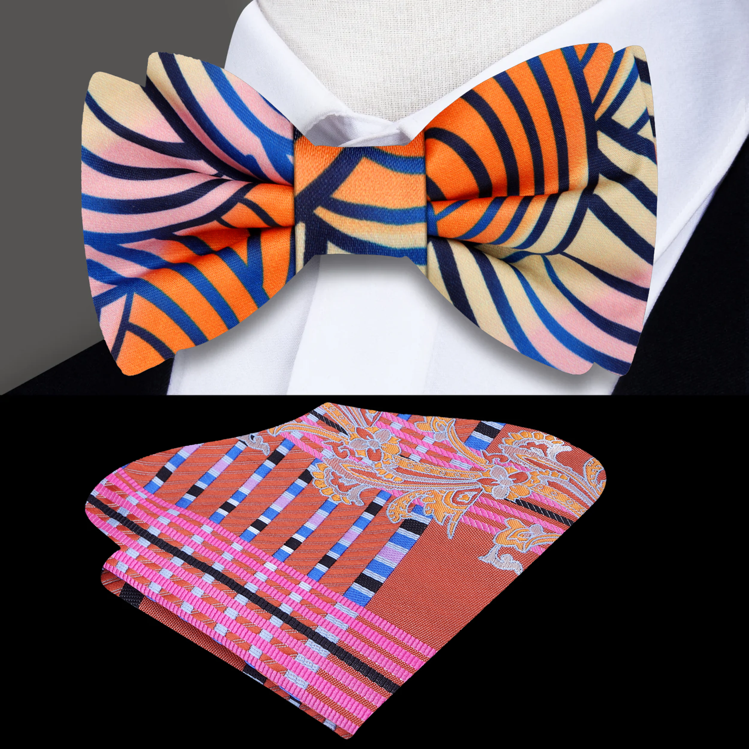 An Orange, Blue, Pink, Light Butter Colored Abstract Pattern Silk Bow Tie, Accenting Pocket Square