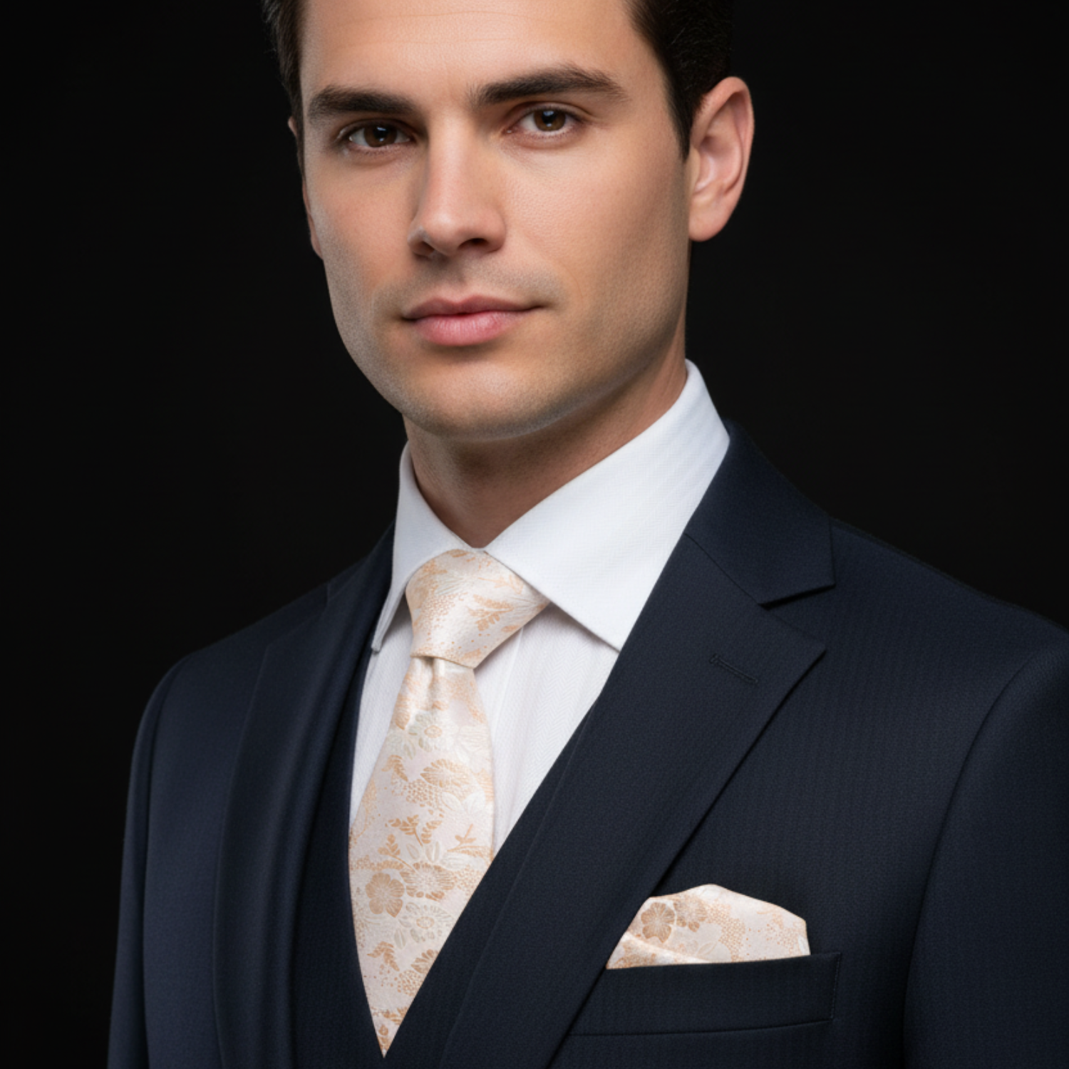 Man wearing a dark suit with a light-colored tie and pocket square against a black background