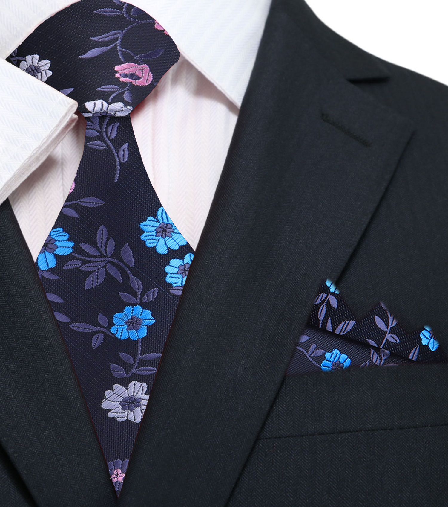 Main Charcoal, Blue, Pink Flowers Tie and Pocket Square