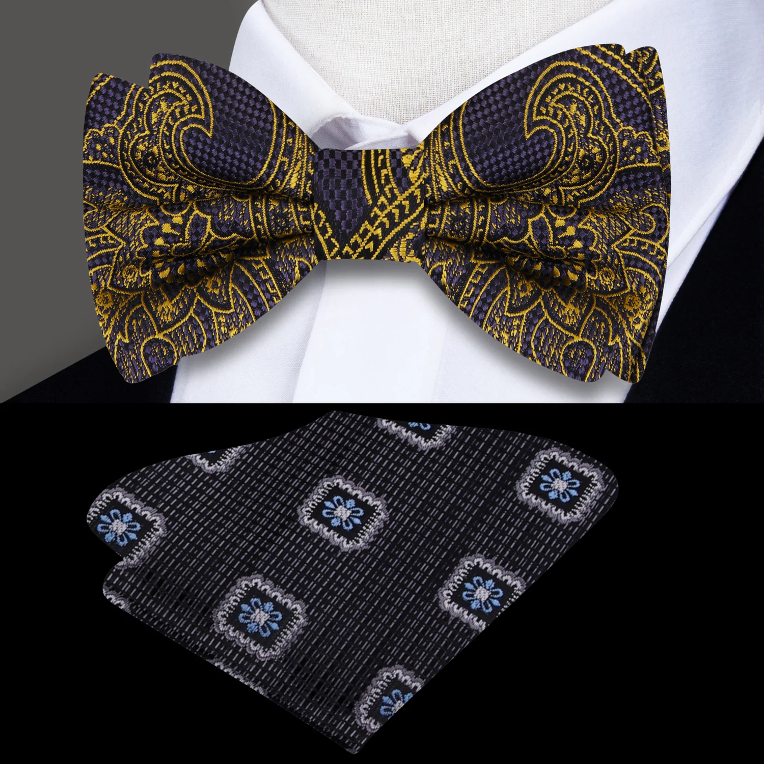 Grey, Gold Paisley Bow Tie and Accenting Pocket Square