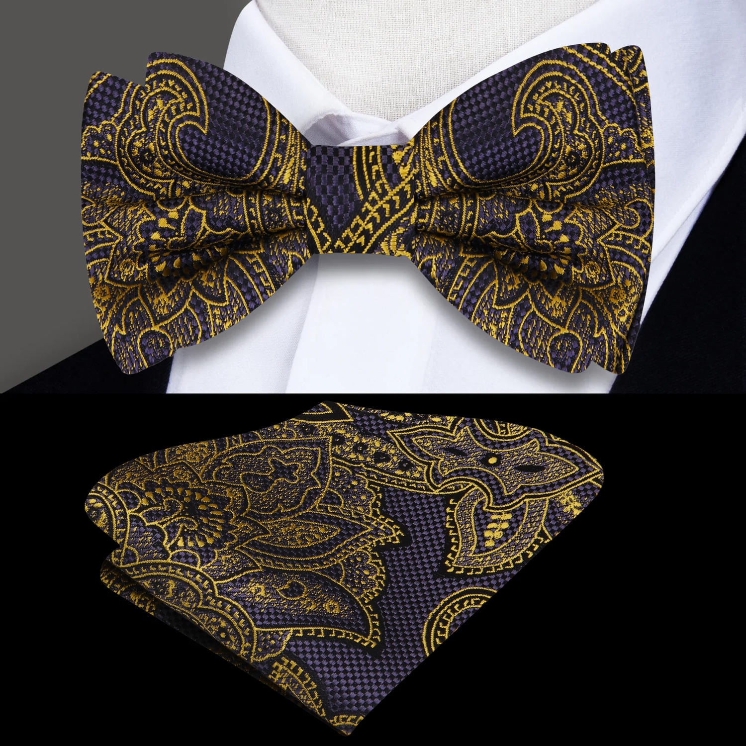 Grey, Gold Paisley Bow Tie and Pocket Square