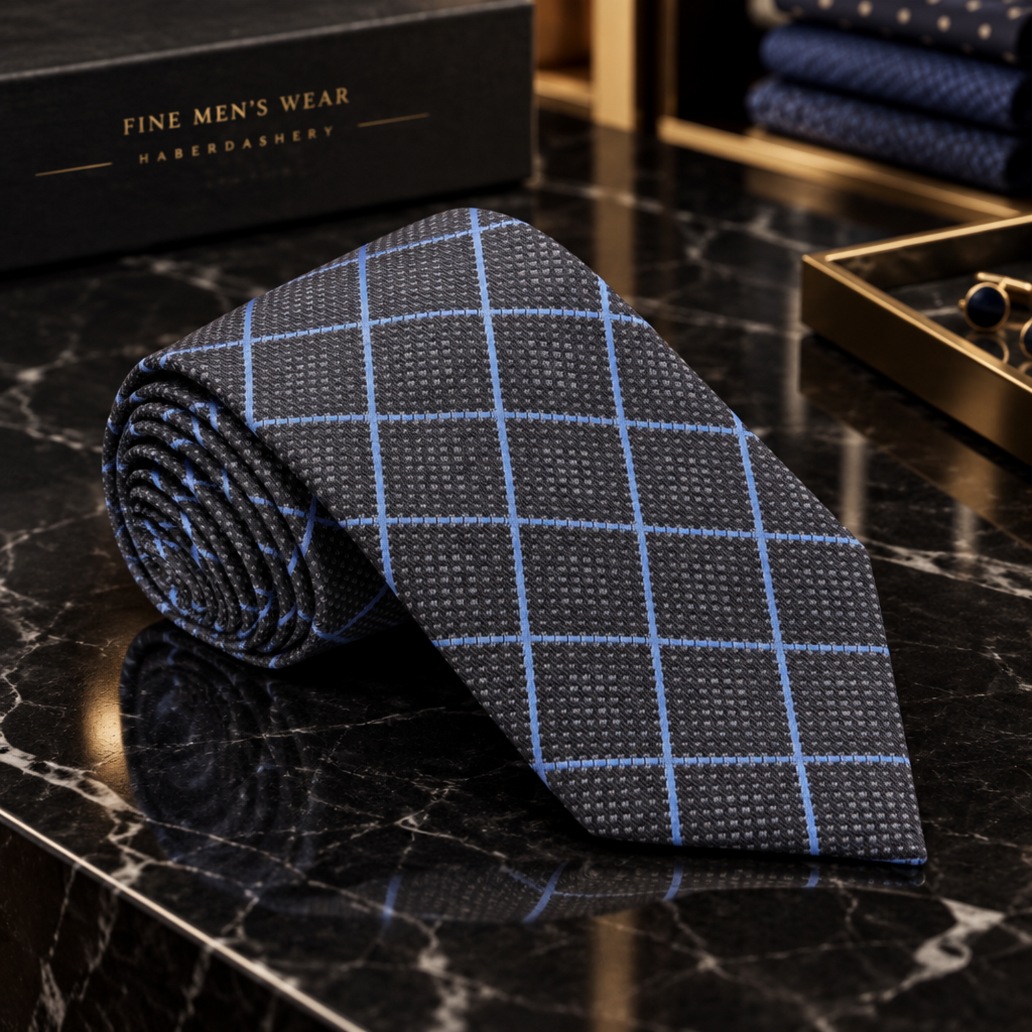 Charcoal Grey Blue Windowpane Necktie