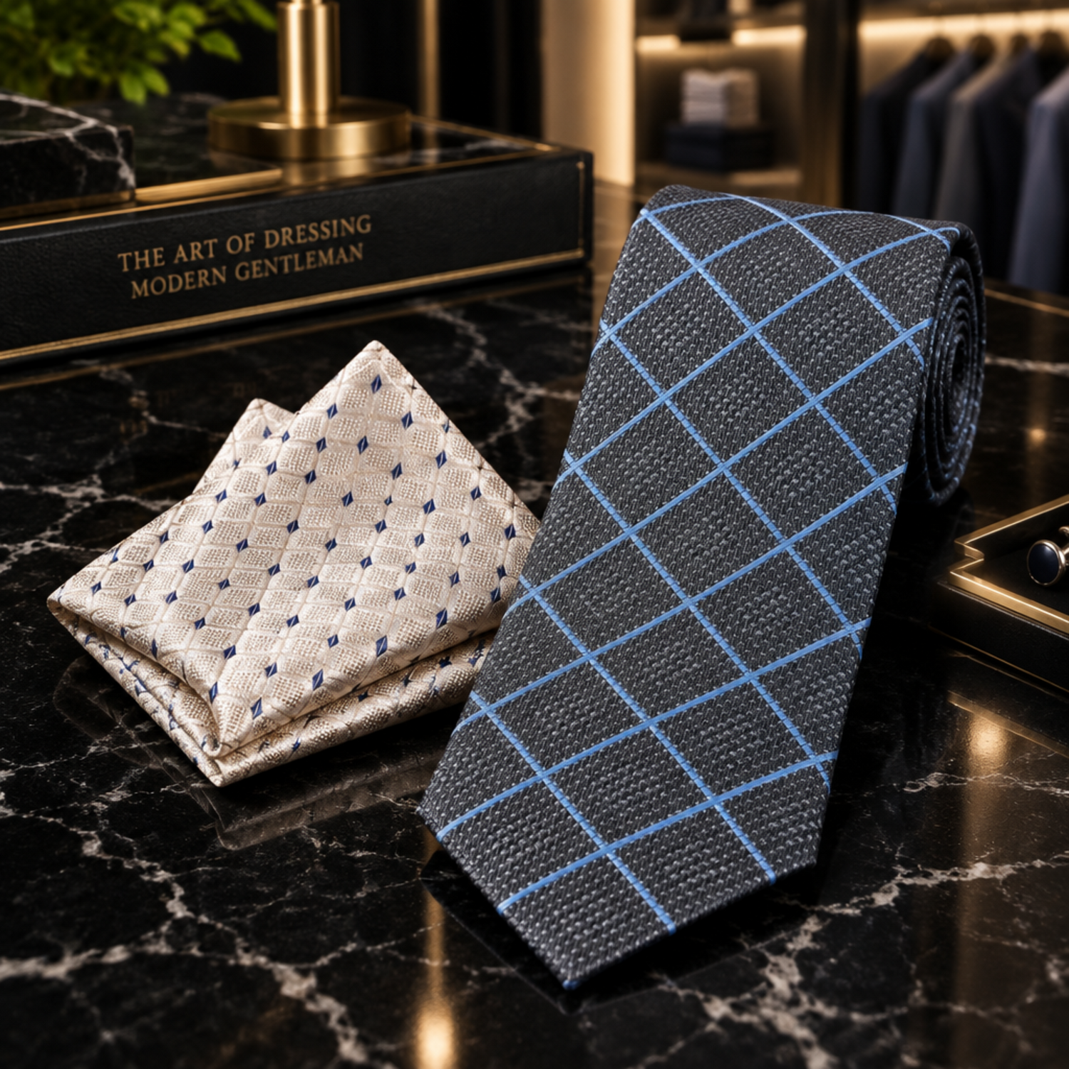 Charcoal Grey Blue Windowpane Necktie and Accenting Square