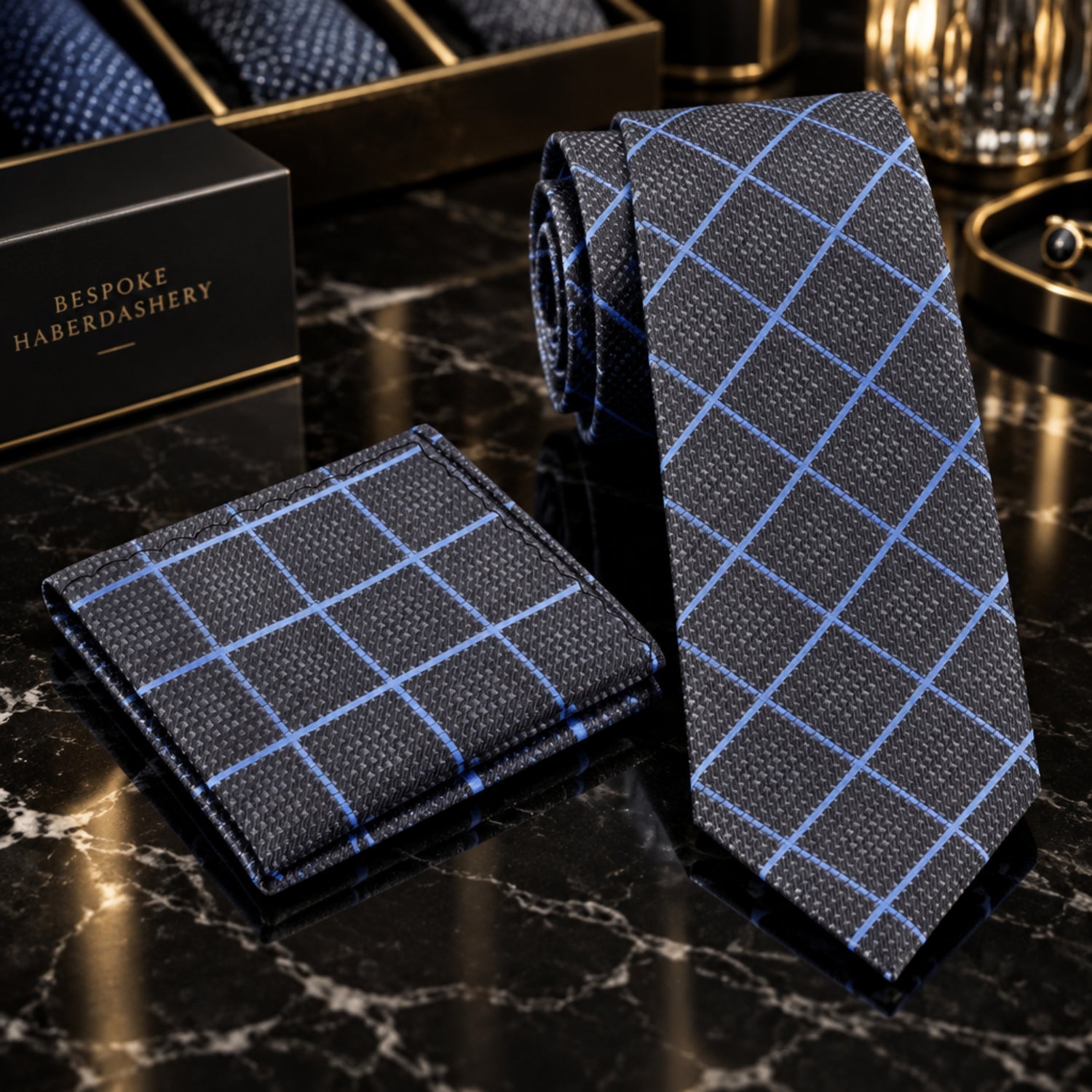 Charcoal Grey Blue Windowpane Necktie and Square