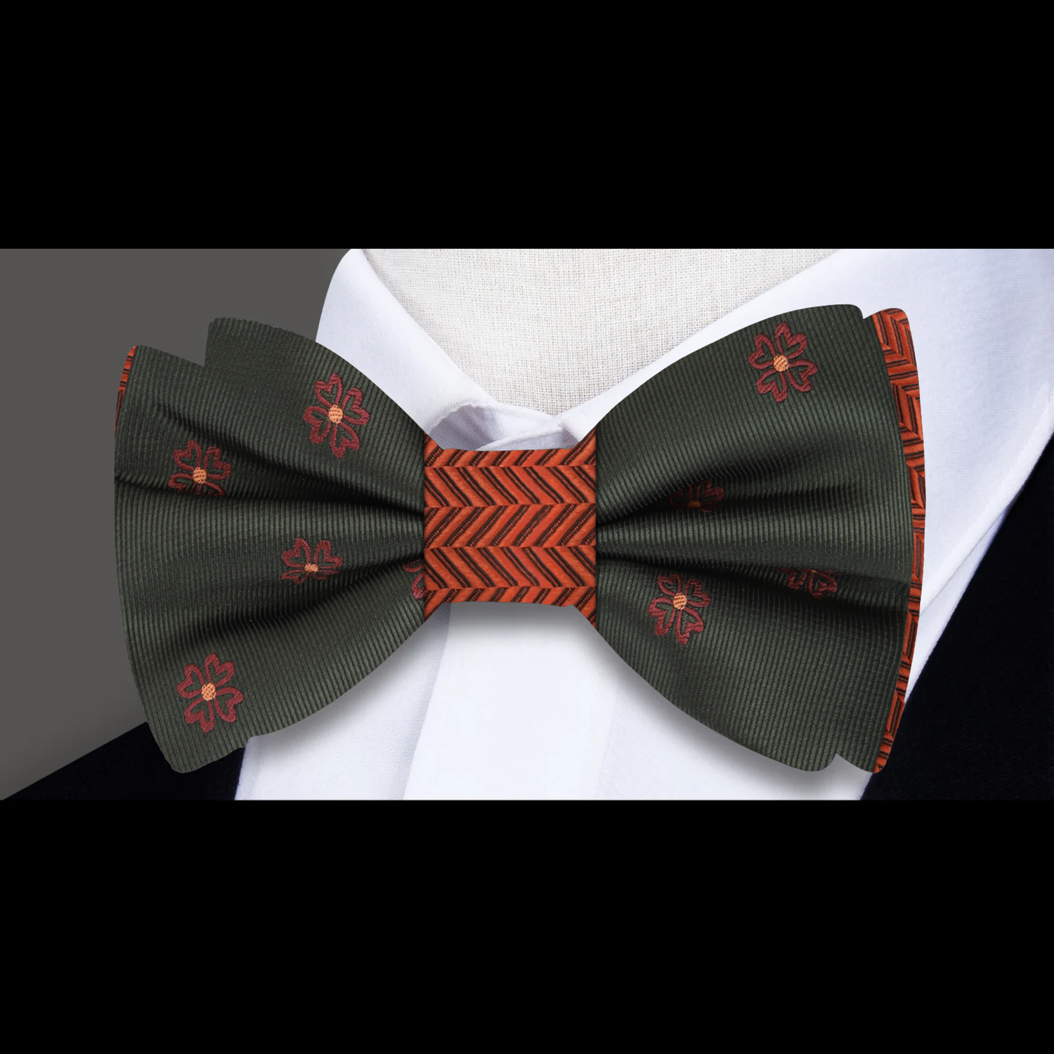 Charcoal, Red, Orange Clovers and Crosshatch Bow tie  