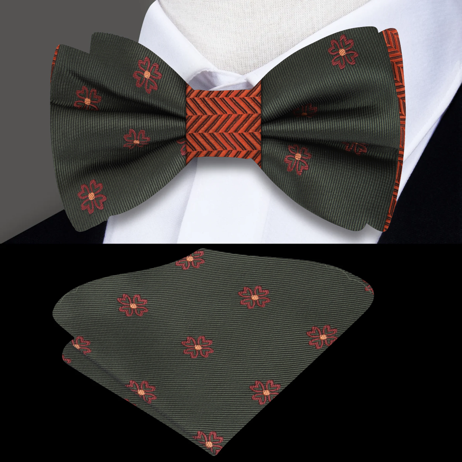 Charcoal, Red, Orange Clovers and Crosshatch Bow tie and square