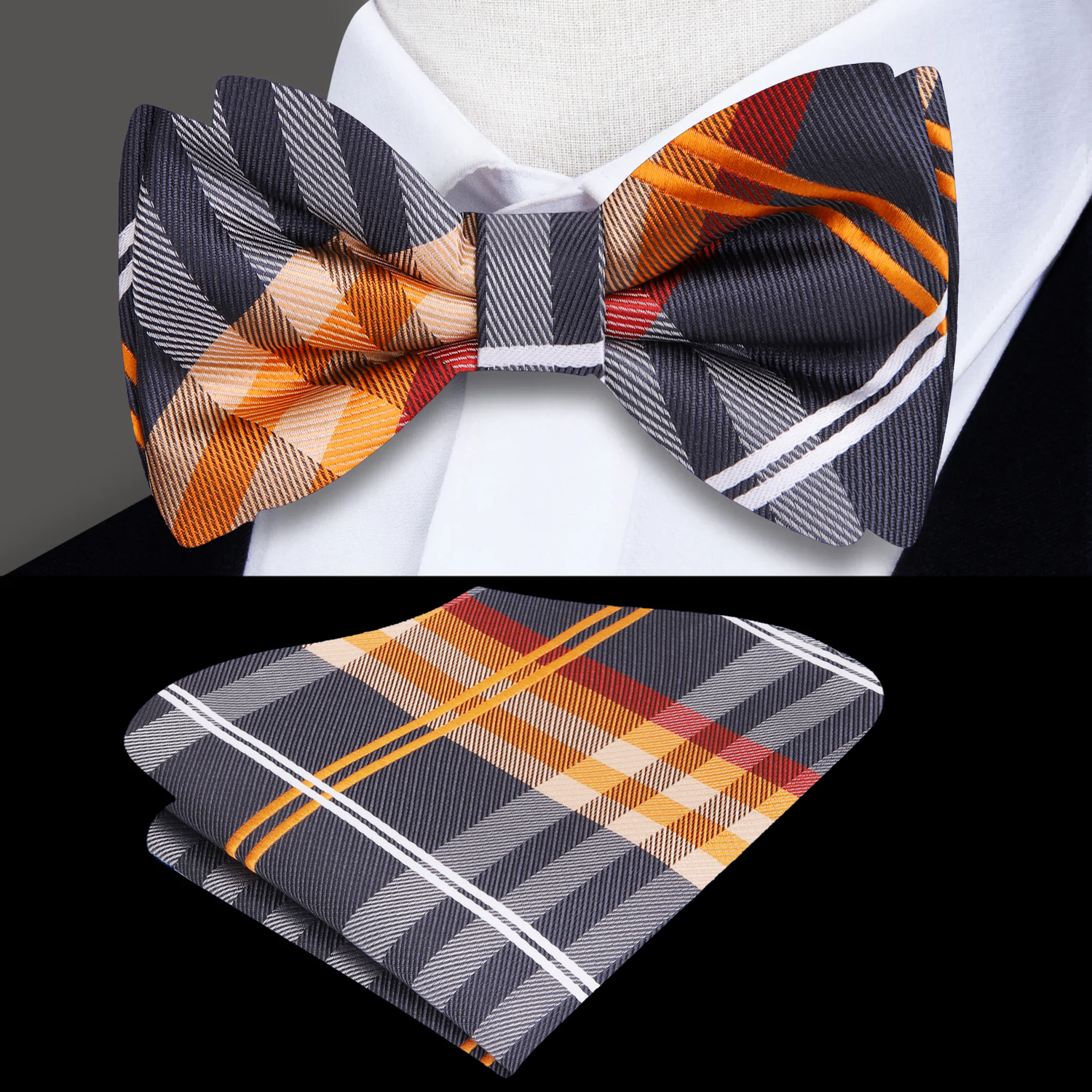 Main View: Black, Orange and White Plaid Bow Tie and Pocket Square