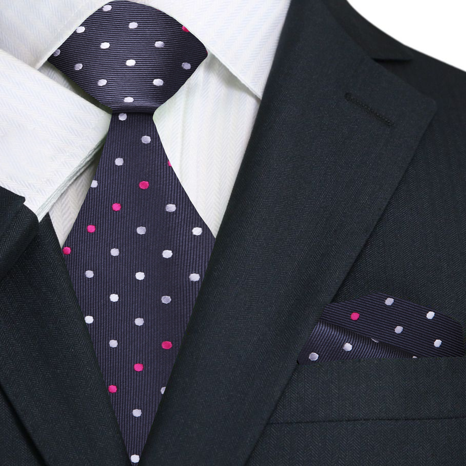 A Charcoal, White, Pink Polka Dot Pattern Necktie, Matching Pocket Square