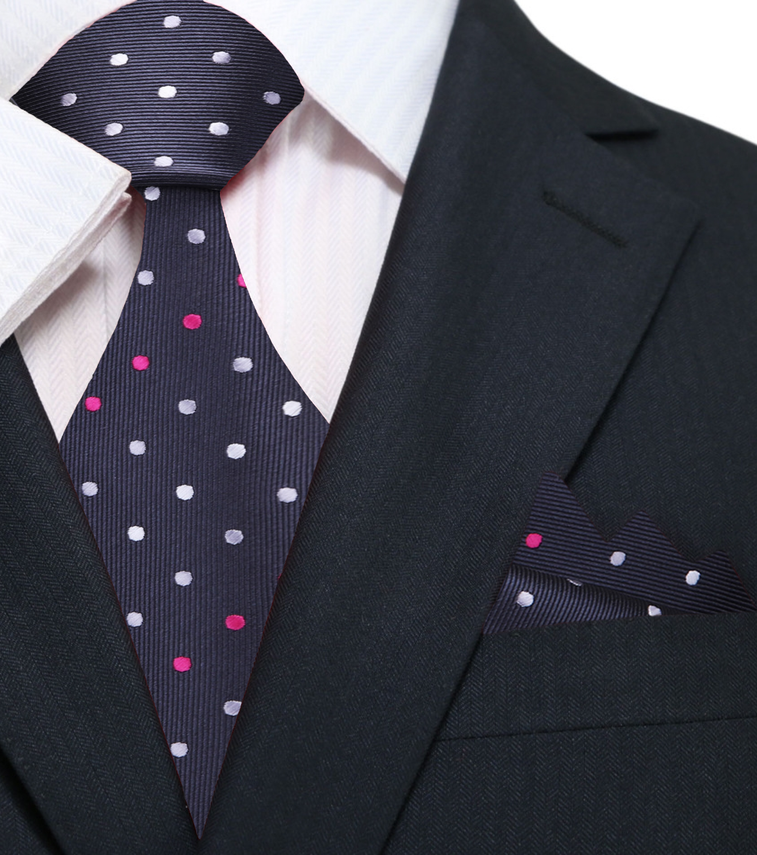 A Charcoal, White, Pink Polka Dot Pattern Silk Necktie, Matching Pocket Square