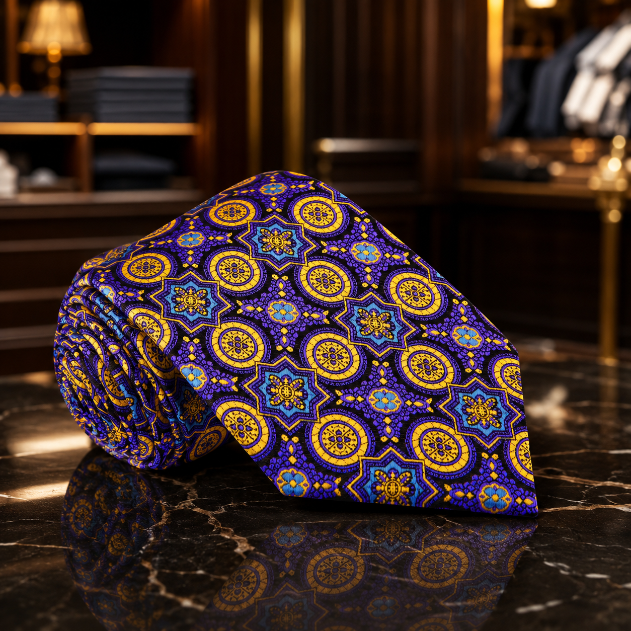 A rolled necktie with an intricate geometric and floral pattern in royal blue, gold, and turquoise, displayed on a polished black marble surface with a blurred luxury retail background.