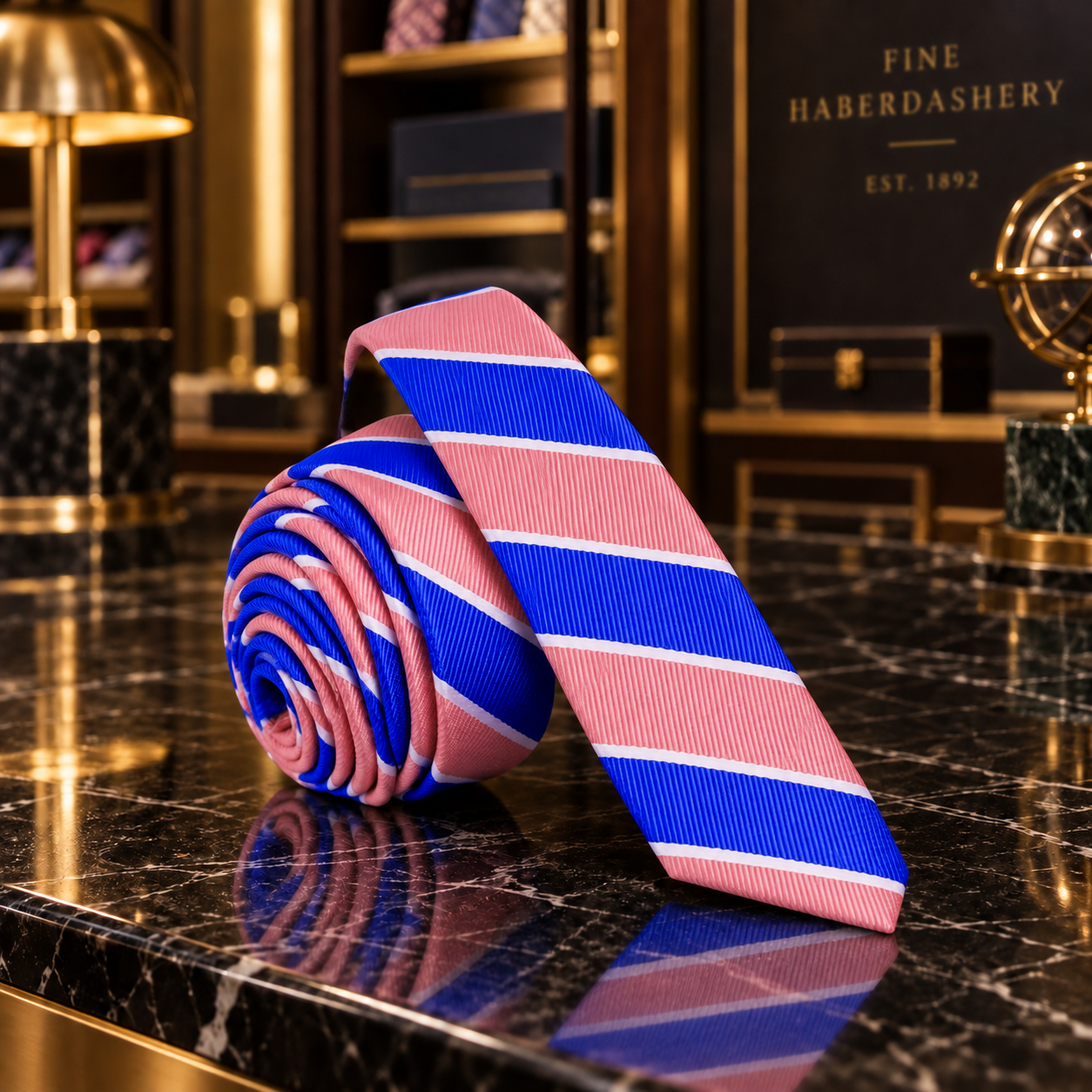 A rolled and draped necktie with diagonal stripes in royal blue, pink, and thin white lines, displayed on a polished black marble countertop in a luxury interior setting.