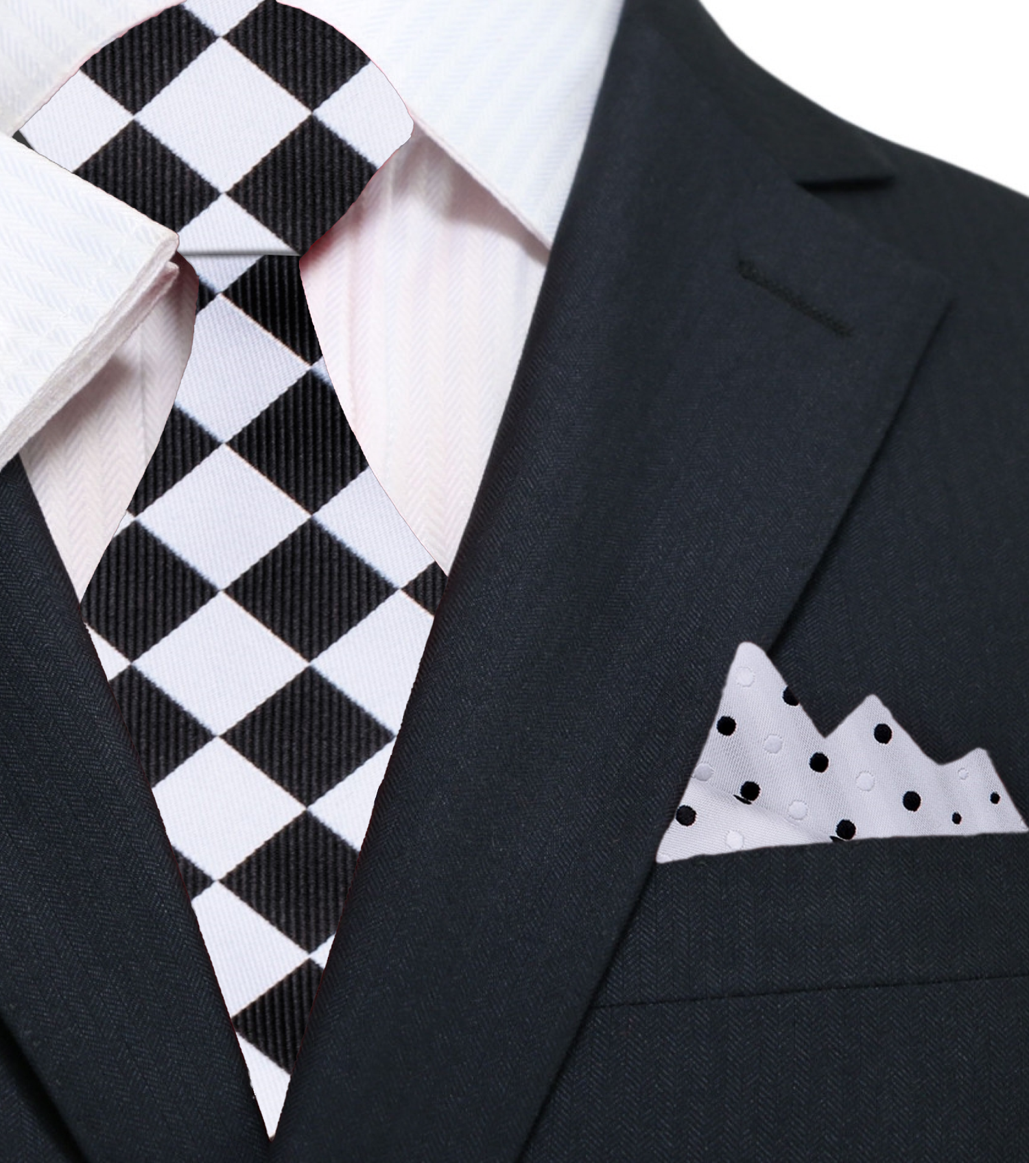 Light Grey and Black Checkerboard Tie and White Black Polka Pocket Square