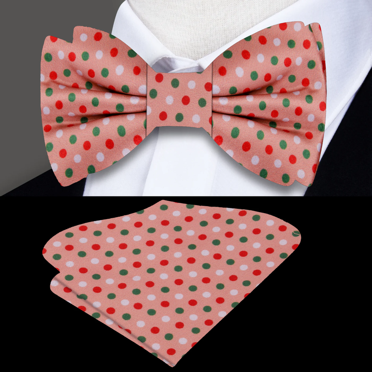 Salmon, Red, Green Polka Bow Tie and Square