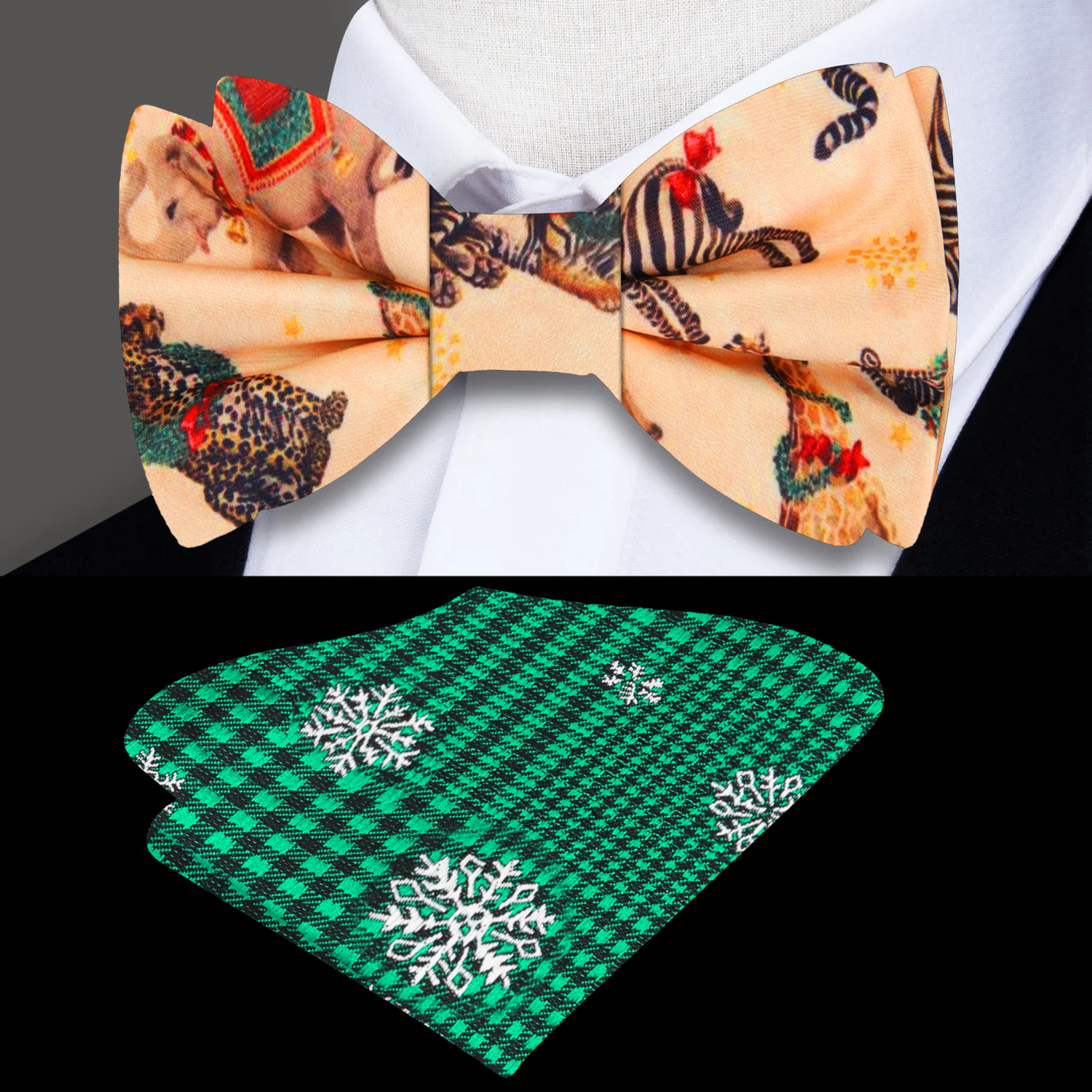 Yellow, Black, Green, Red Christmas Safari Bow Tie and Green Flake Square