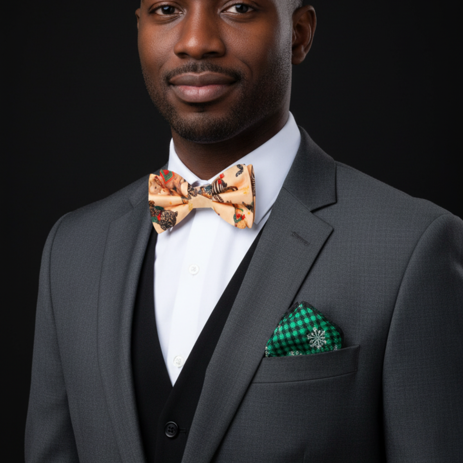 Man wearing a gray suit with a patterned bow tie and green pocket square on a black background