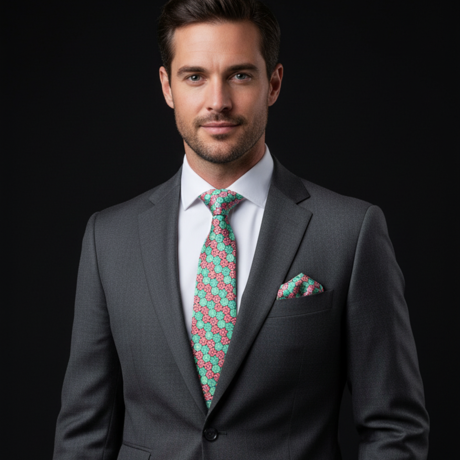 Man wearing a gray suit with a patterned tie and pocket square on a black background