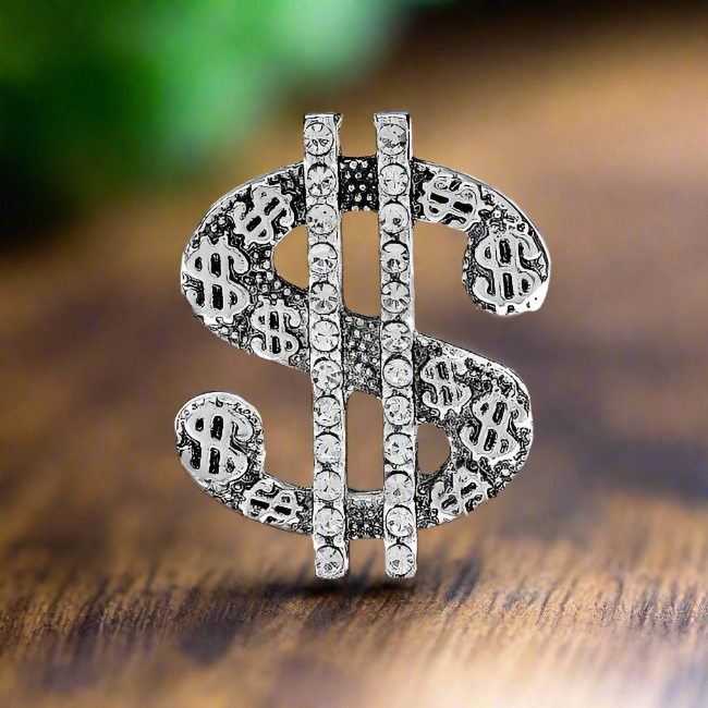 a chrome money lapel pin