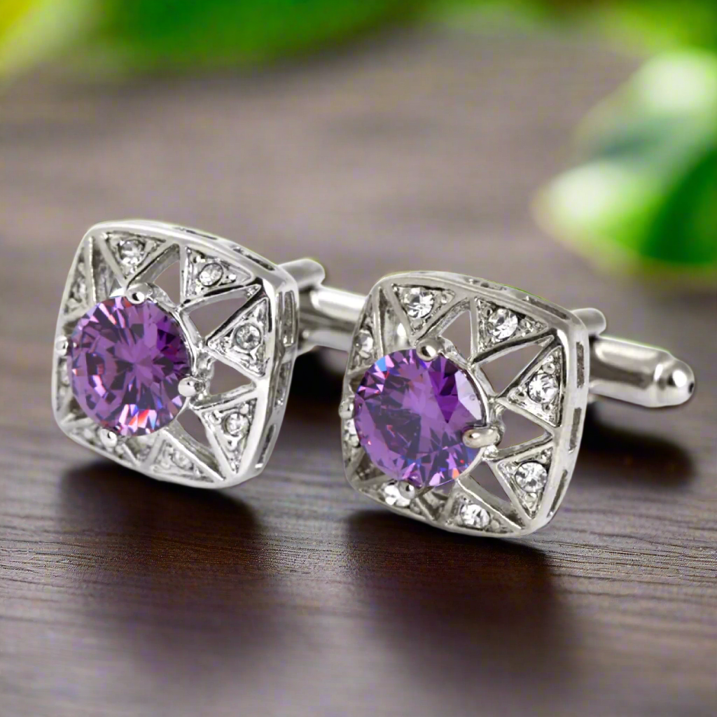 Premium A Silver, Purple Stone Square Shape Cuff-links Set