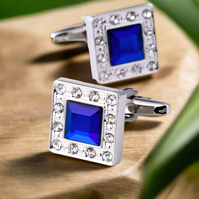 Premium A Chrome, Blue Colored Square Shape Cuff-links