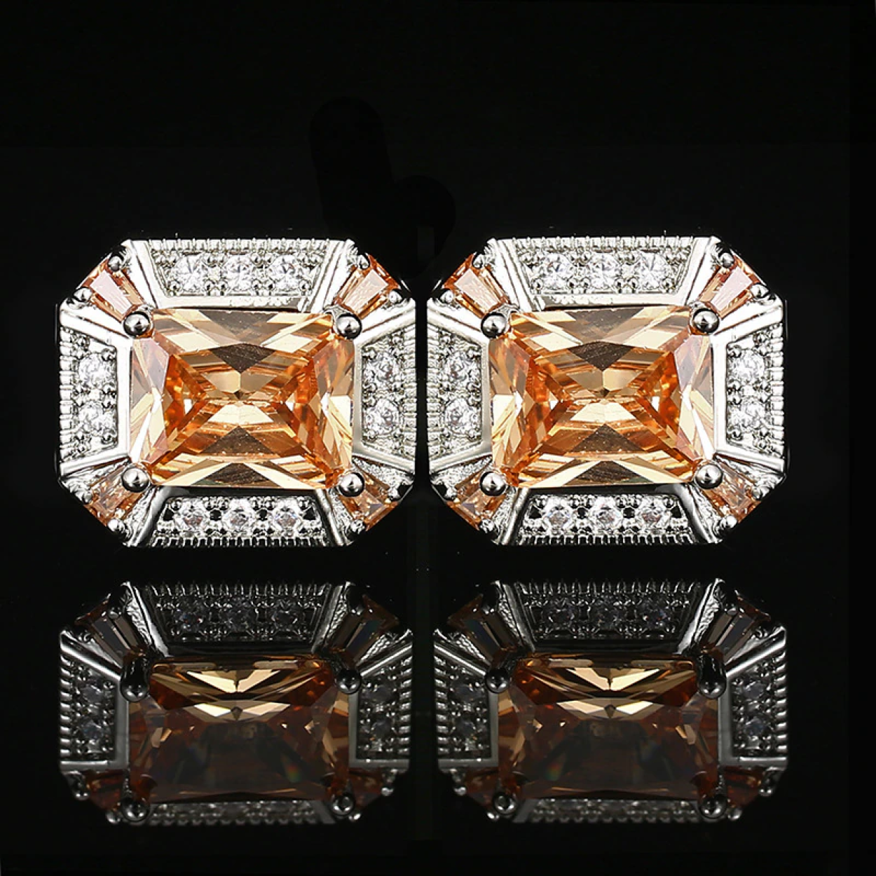 Chrome with Clear and Amber Stones Octagon Cufflinks