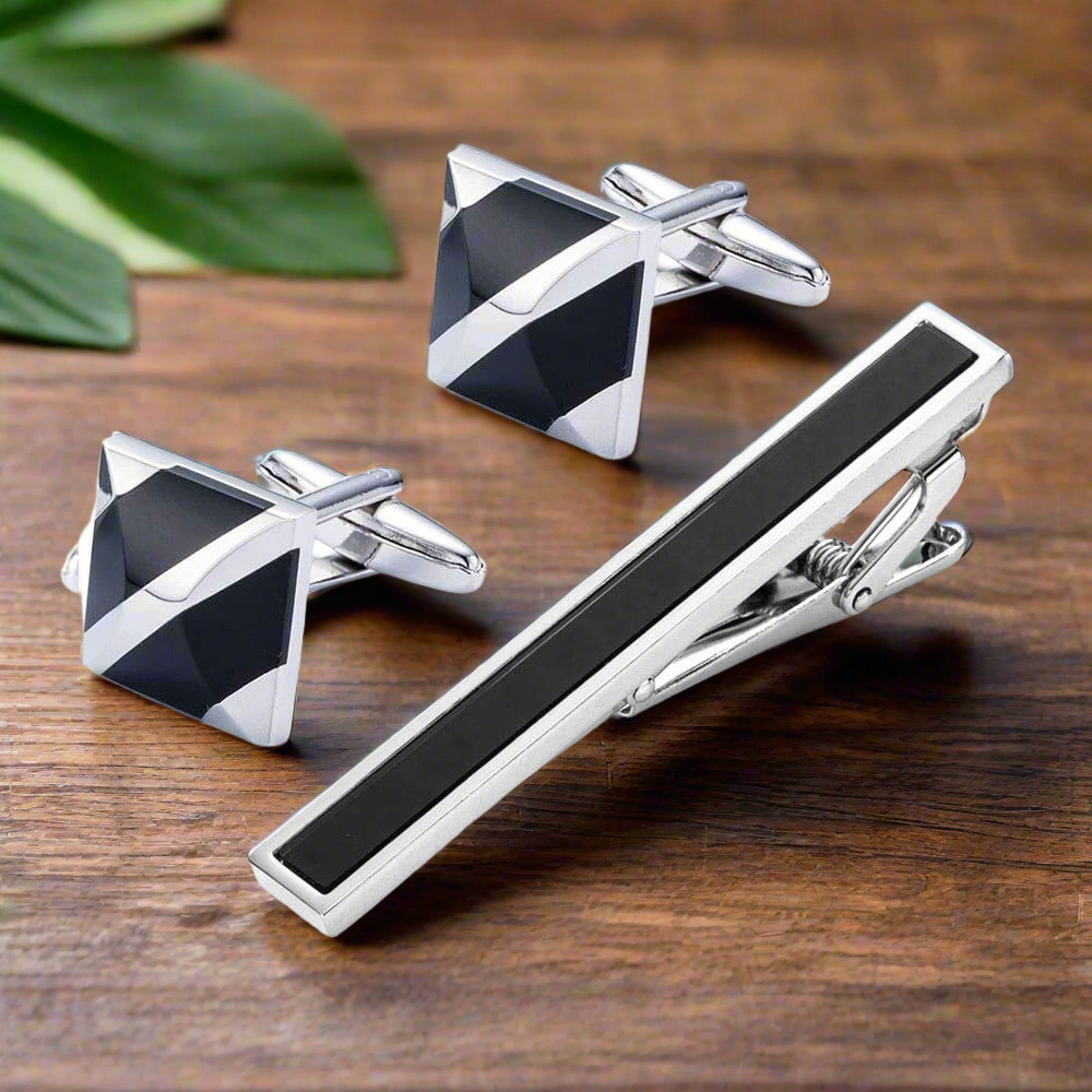 chrome and black tie and cufflinks