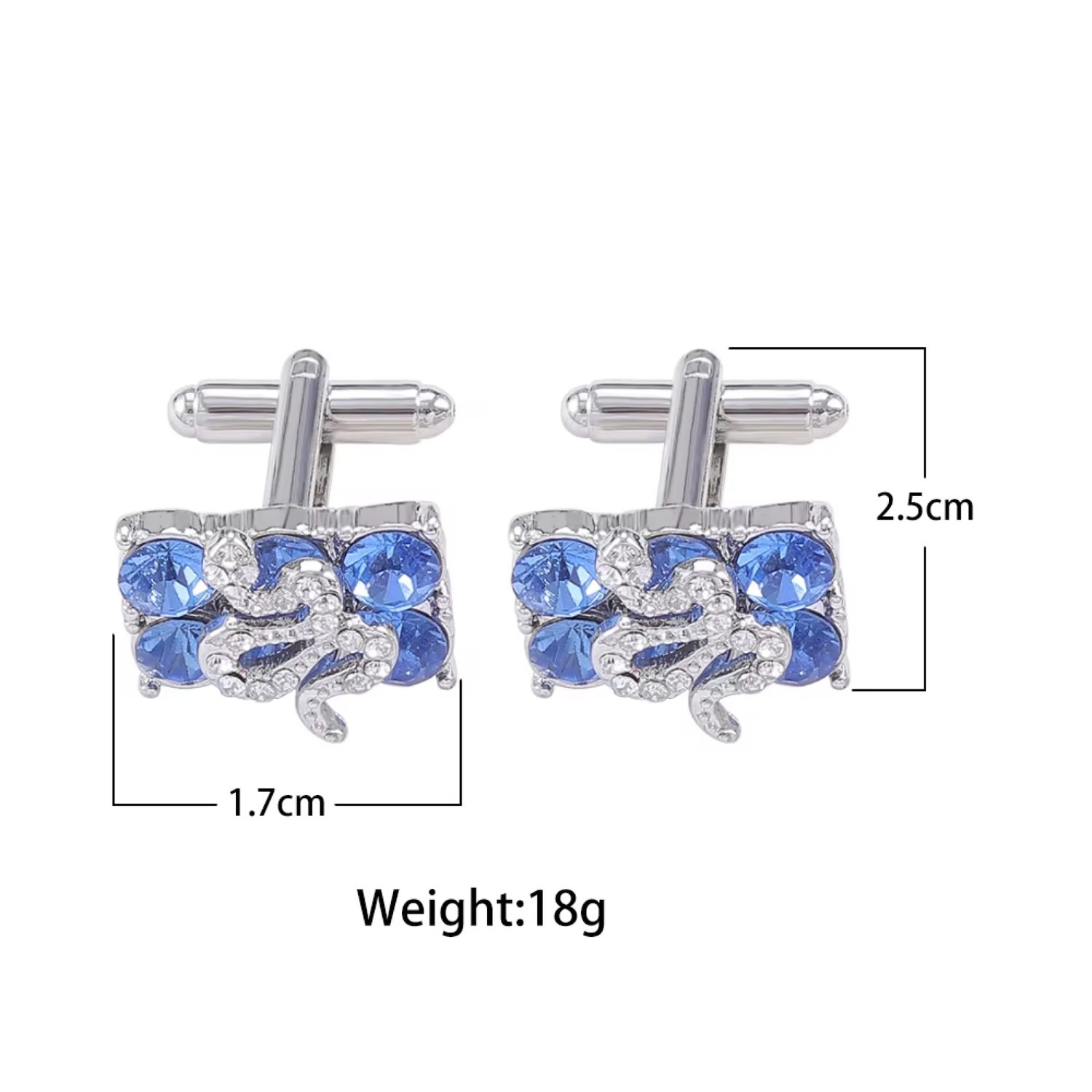 Silver-tone square cufflinks with blue cubic zirconia stones and a snake design, shown with dimension lines indicating 1.7cm width, 2.