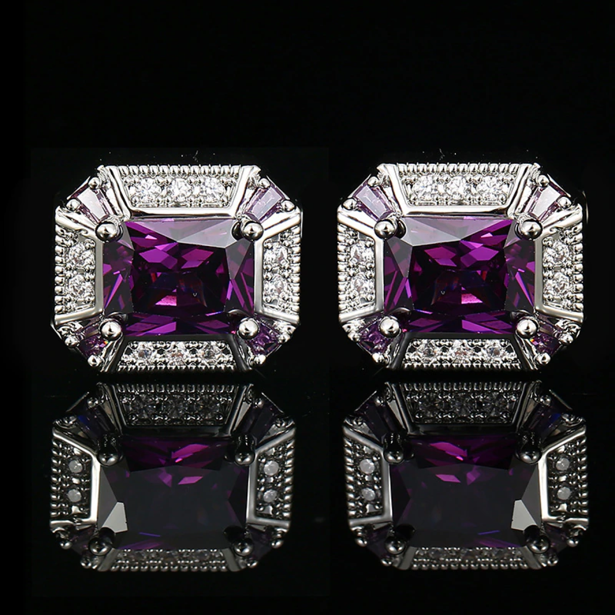 Chrome with Clear and Purple Stones Octagon Cufflinks