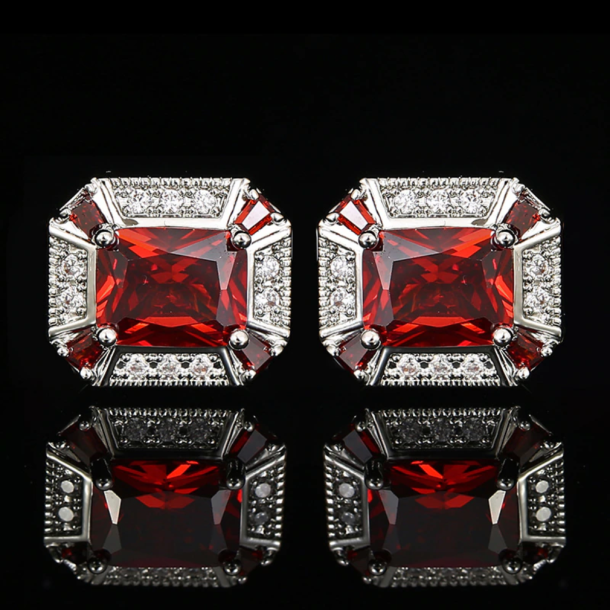 Chrome with Clear and Red Stones Octagon Cufflinks
